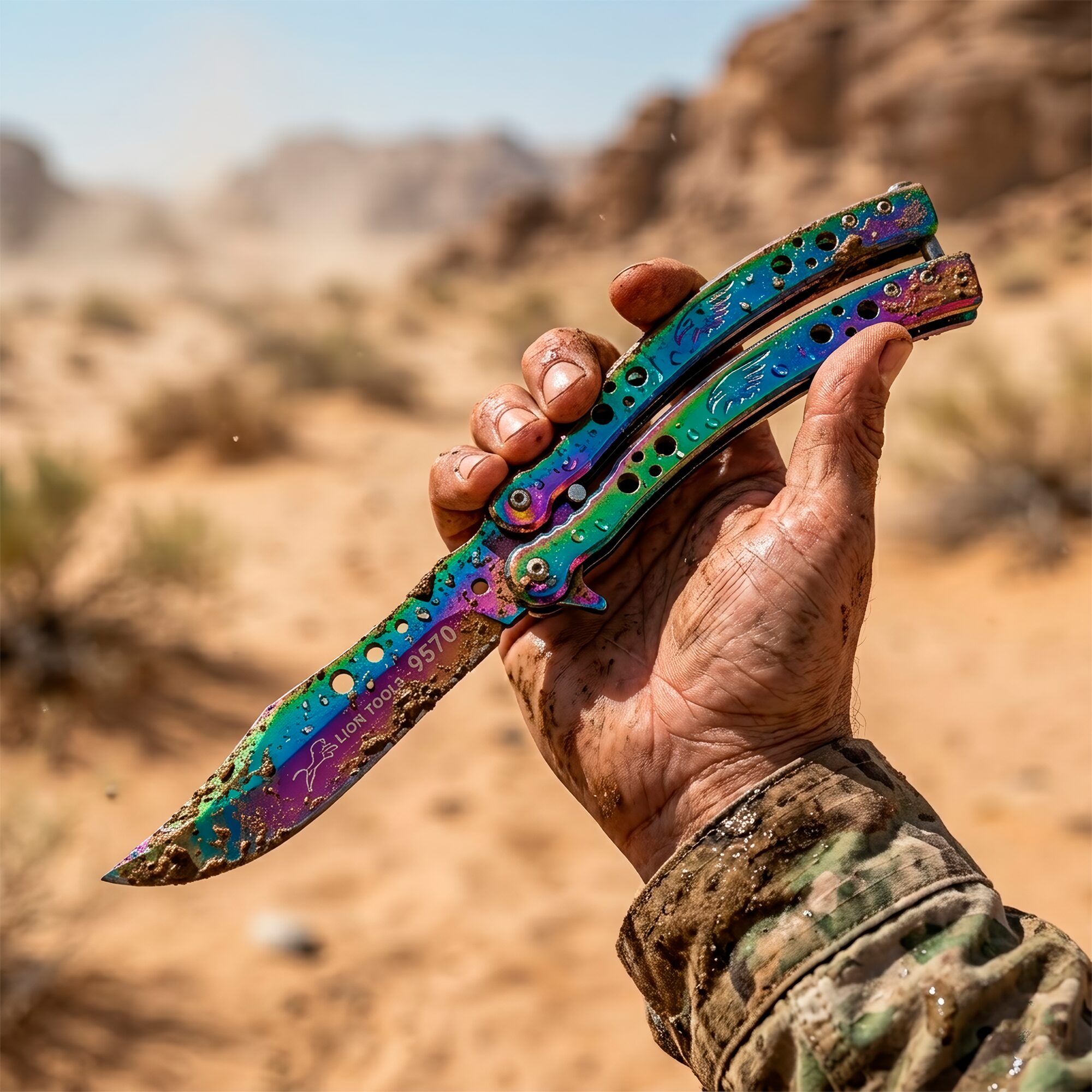 Cuchillo Navaja Mariposa Lion Tools color tornasol con hoja afilada de acero inoxidable 420 estilo táctico. 9570