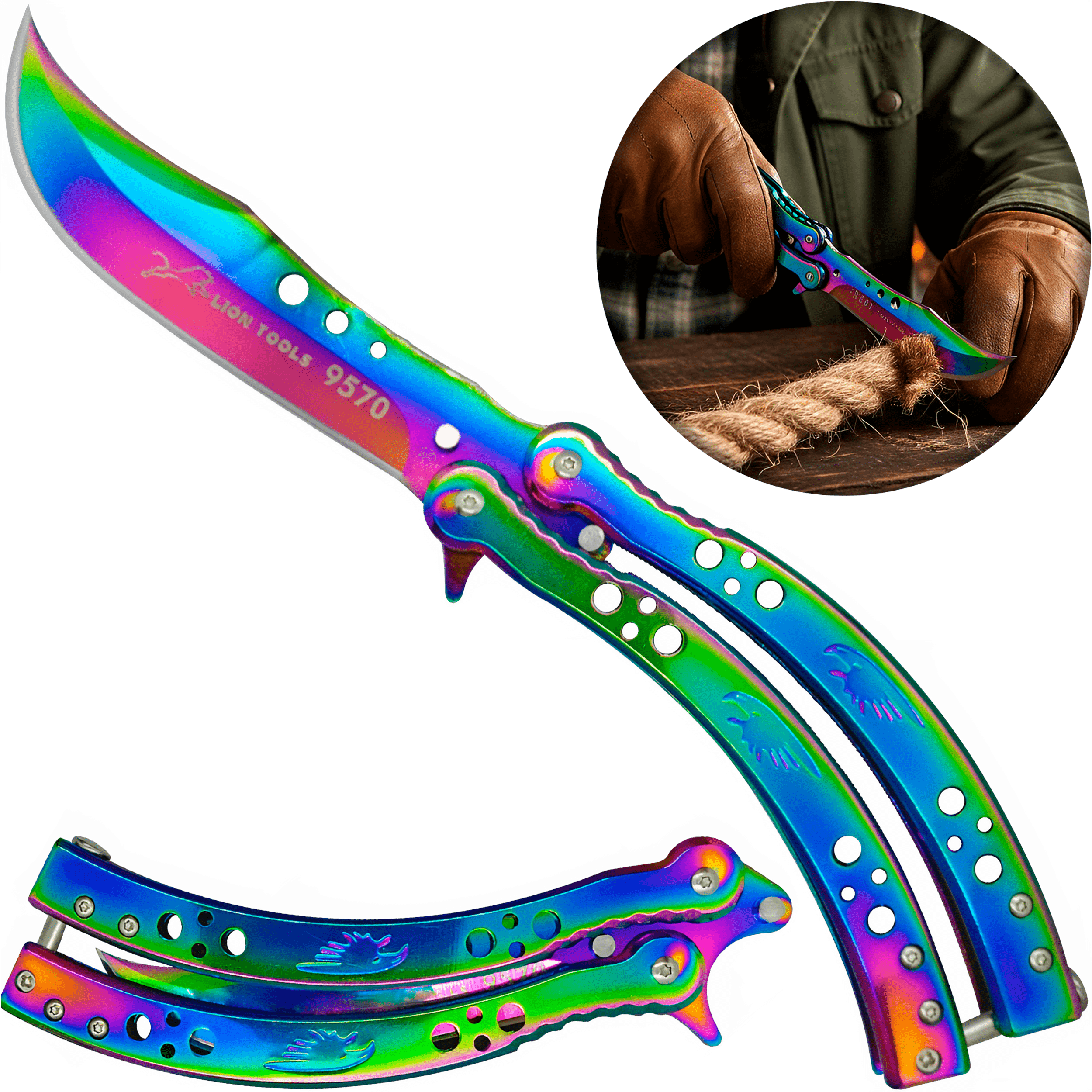 Cuchillo Navaja Mariposa Lion Tools color tornasol con hoja afilada de acero inoxidable 420 estilo táctico. 9570