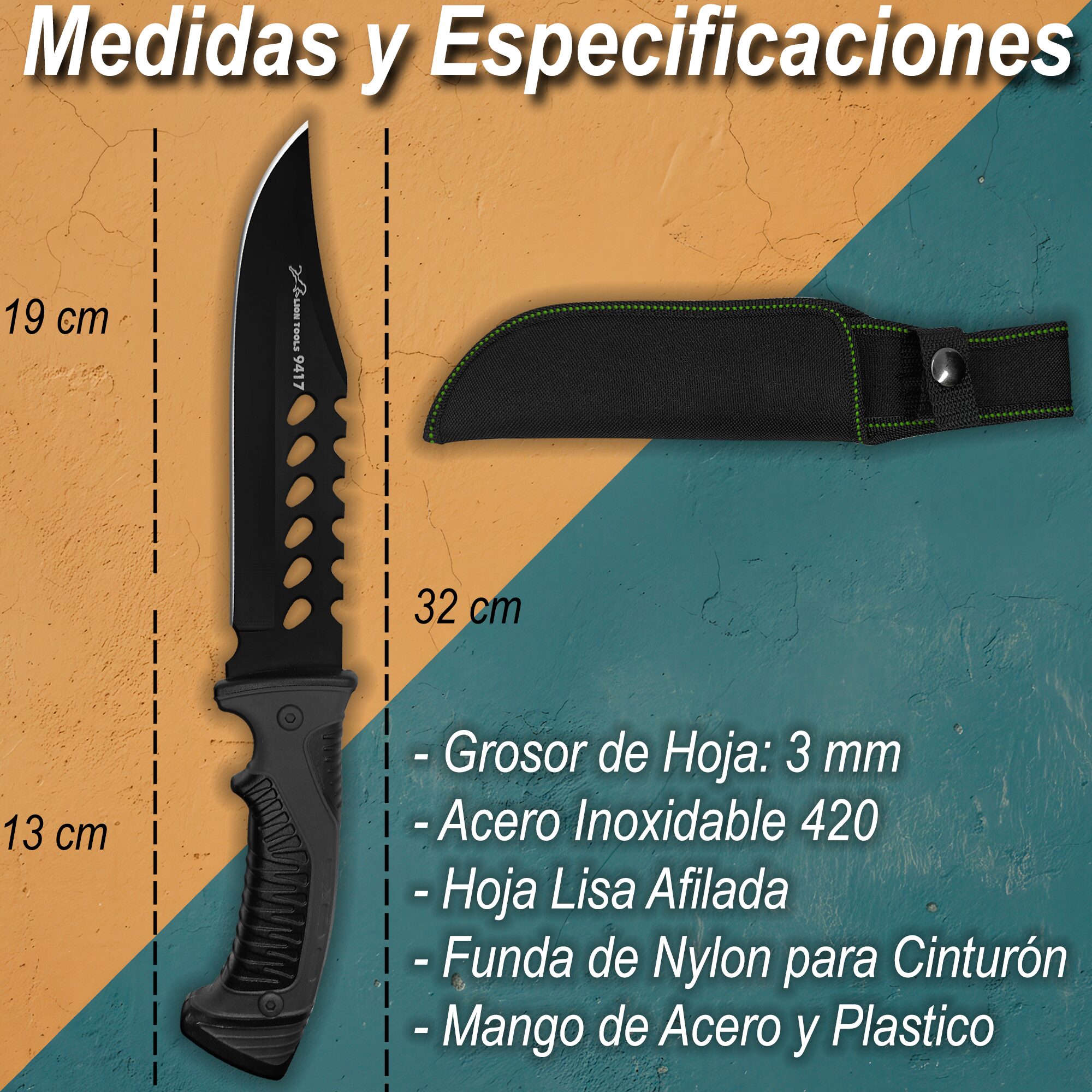 Cuchillo Táctico Acero Inoxidable Lion Tools con hoja de 19 cm y funda de nylon para cinturón, ideal para campismo y supervivencia. Cuchillo Táctico Acero Inoxidable marca Lion Tools modelo 9417 con hoja afilada de acero inoxidable 420 y mango resistente.