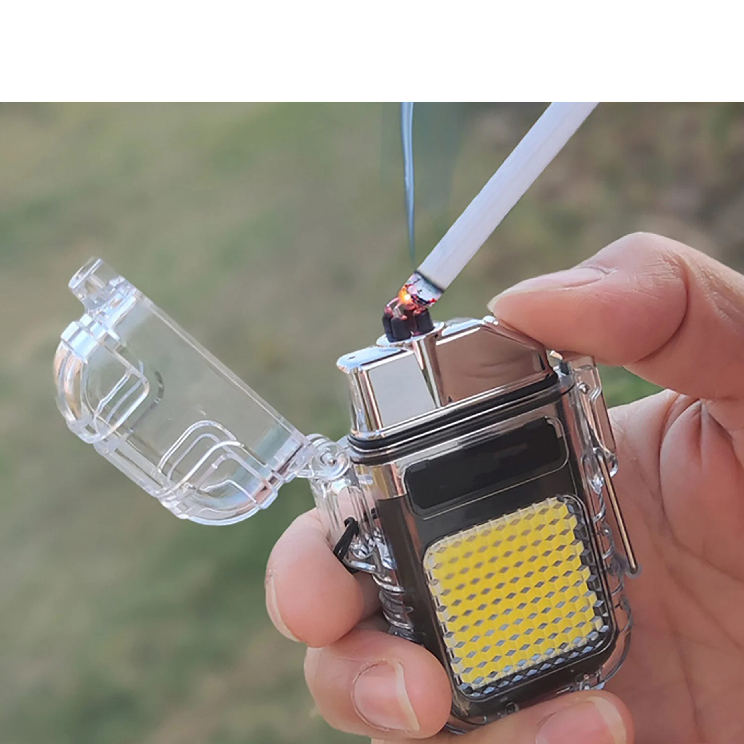 Encendedor Plasma Eléctrico Recargable Caracter Fuego con 2 arcos y lámpara EDC de emergencia recargable Encendedor Plasma Eléctrico Recargable marca Caracter Fuego modelo EPL230 con luz LED y carga tipo C