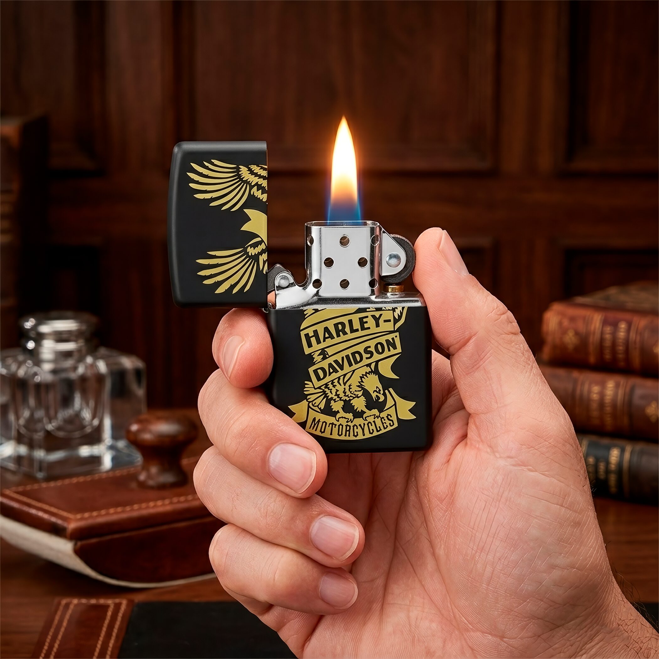 Encendedor Zippo Harley Davidson Perndido en la mano original con diseño águila en acabado negro mate modelo MZ49826