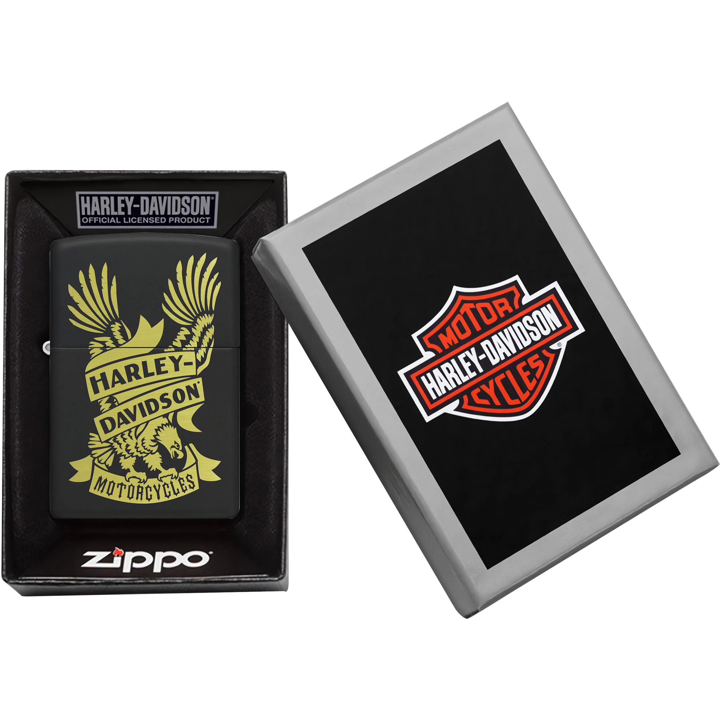 Encendedor Zippo Harley Davidson en su caja original con diseño águila en acabado negro mate modelo MZ49826