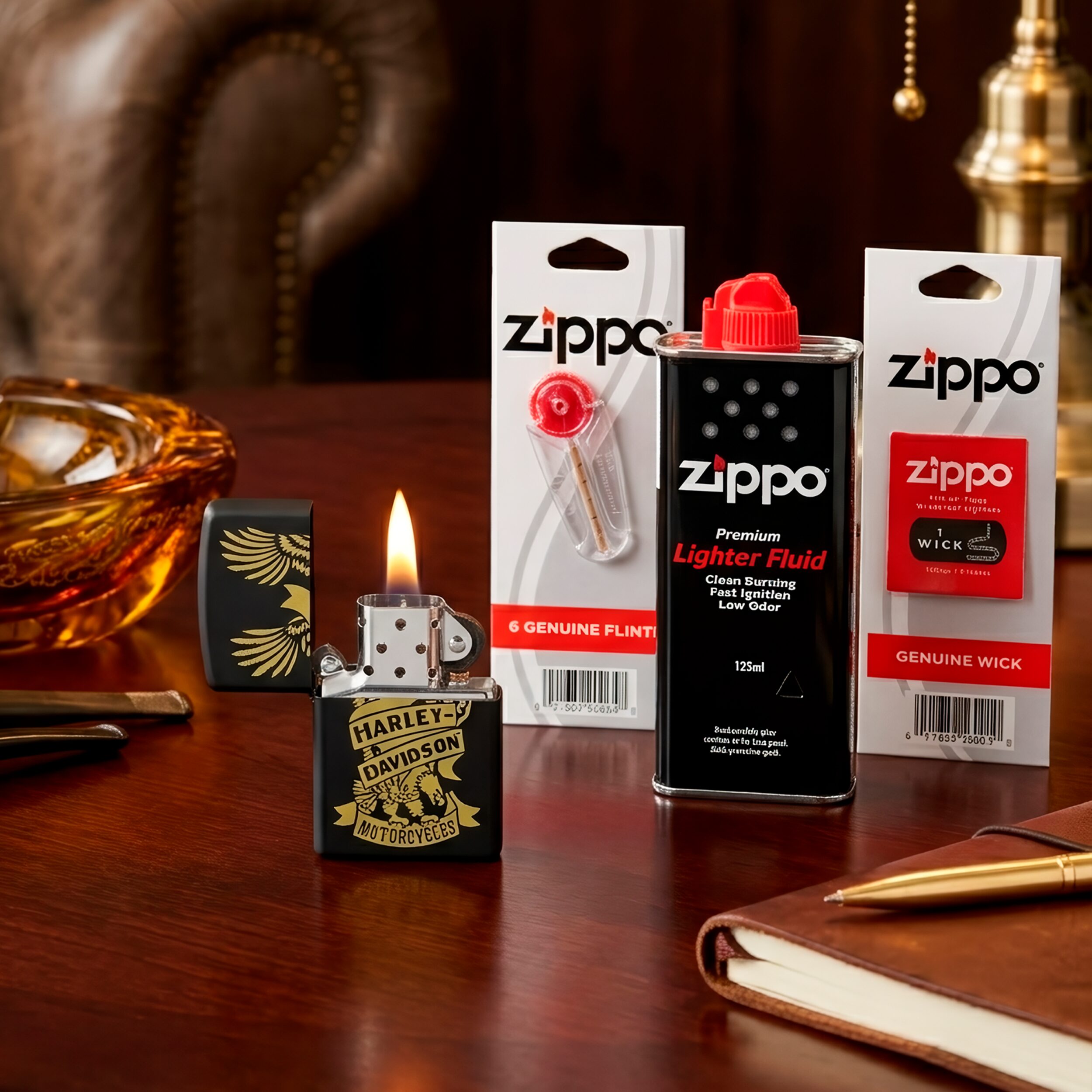 Encendedor Zippo Harley Davidson original EN UNA MESA DE MADERA con diseño águila en acabado negro mate modelo MZ49826