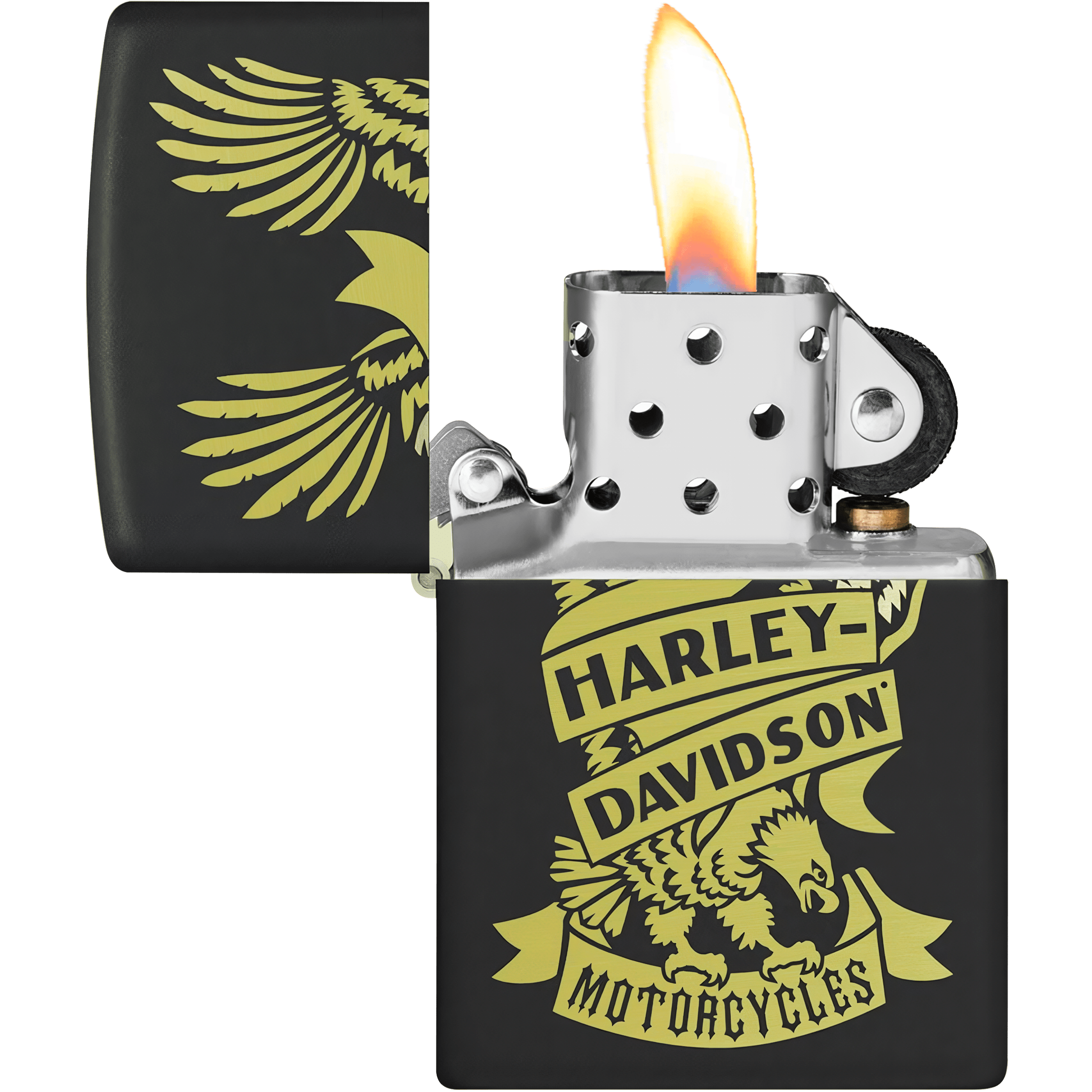 Encendedor Zippo Harley Davidson original prendido con diseño águila en acabado negro mate modelo MZ49826