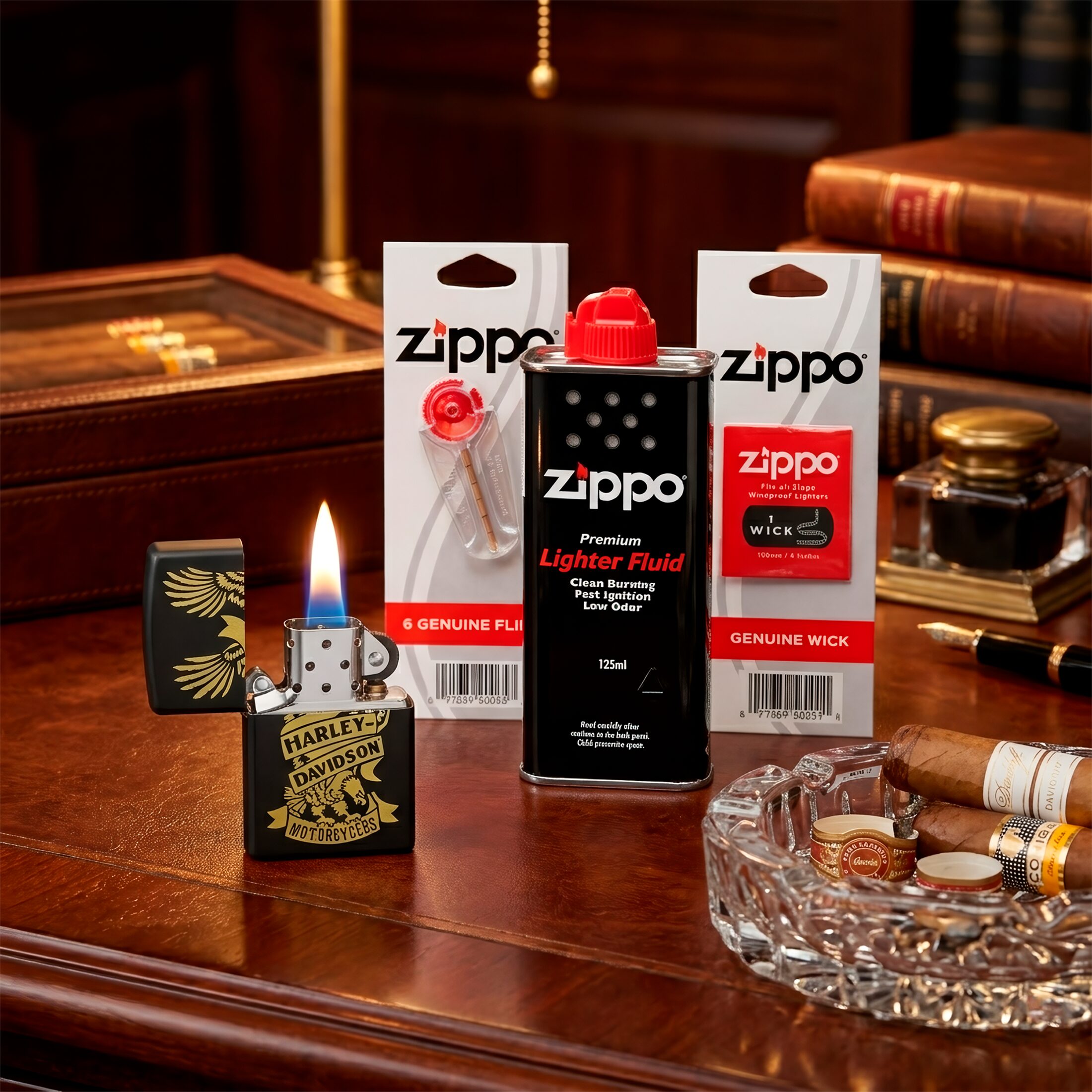 Encendedor Zippo Harley Davidson original con accesorios en una mesa de madera diseño águila en acabado negro mate modelo MZ49826