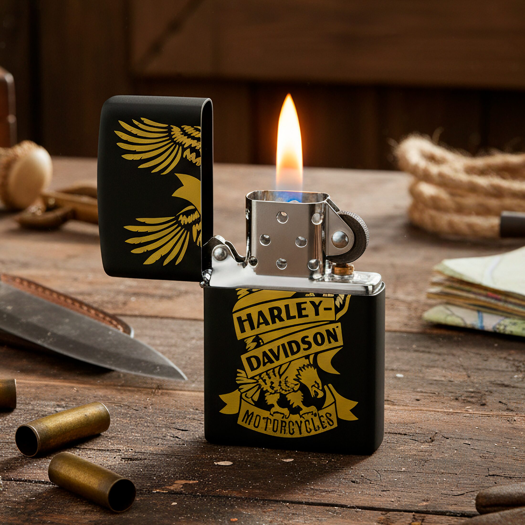 Encendedor Zippo Harley Davidson original prendido en una mesa con diseño águila en acabado negro mate modelo MZ49826