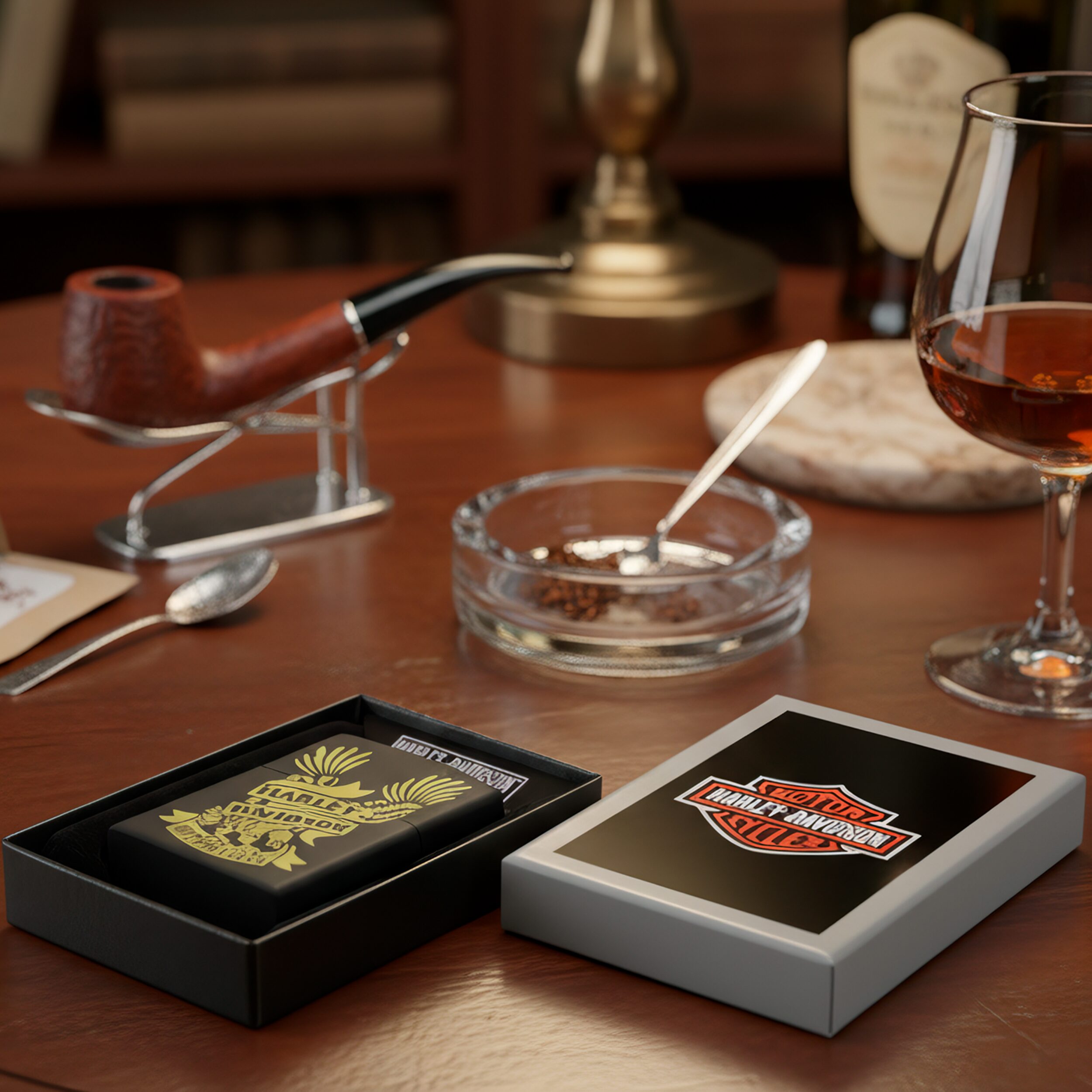 Encendedor Zippo Harley Davidson original con su estuche en una mesa diseño águila en acabado negro mate modelo MZ49826