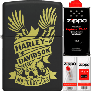 Encendedor Zippo Harley Davidson original portada con accesorioscon diseño águila en acabado negro mate modelo MZ49826