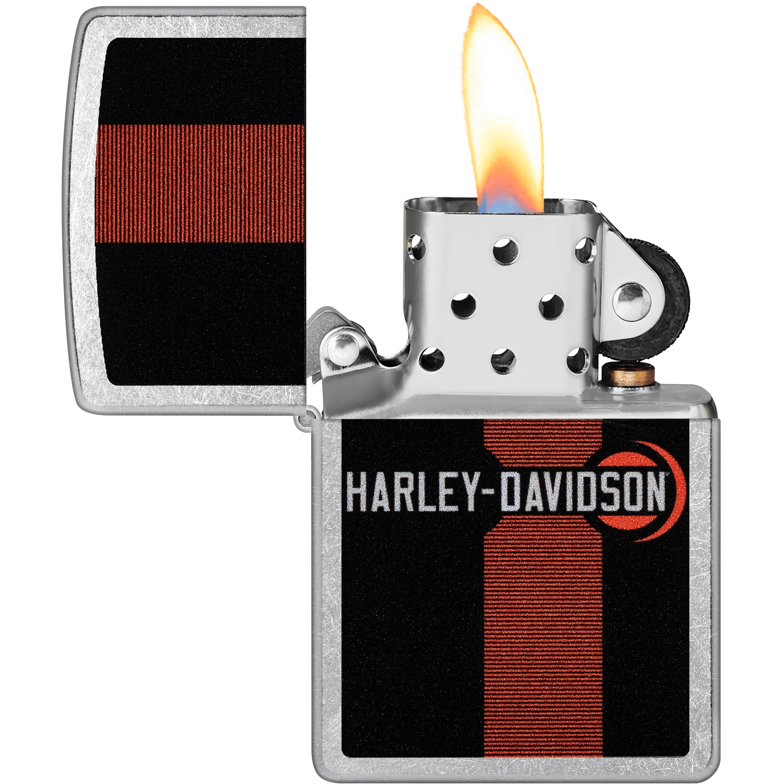 Encendedor Zippo Harley Davidson original prendido con diseño logo y acabado metálico modelo MZ48604