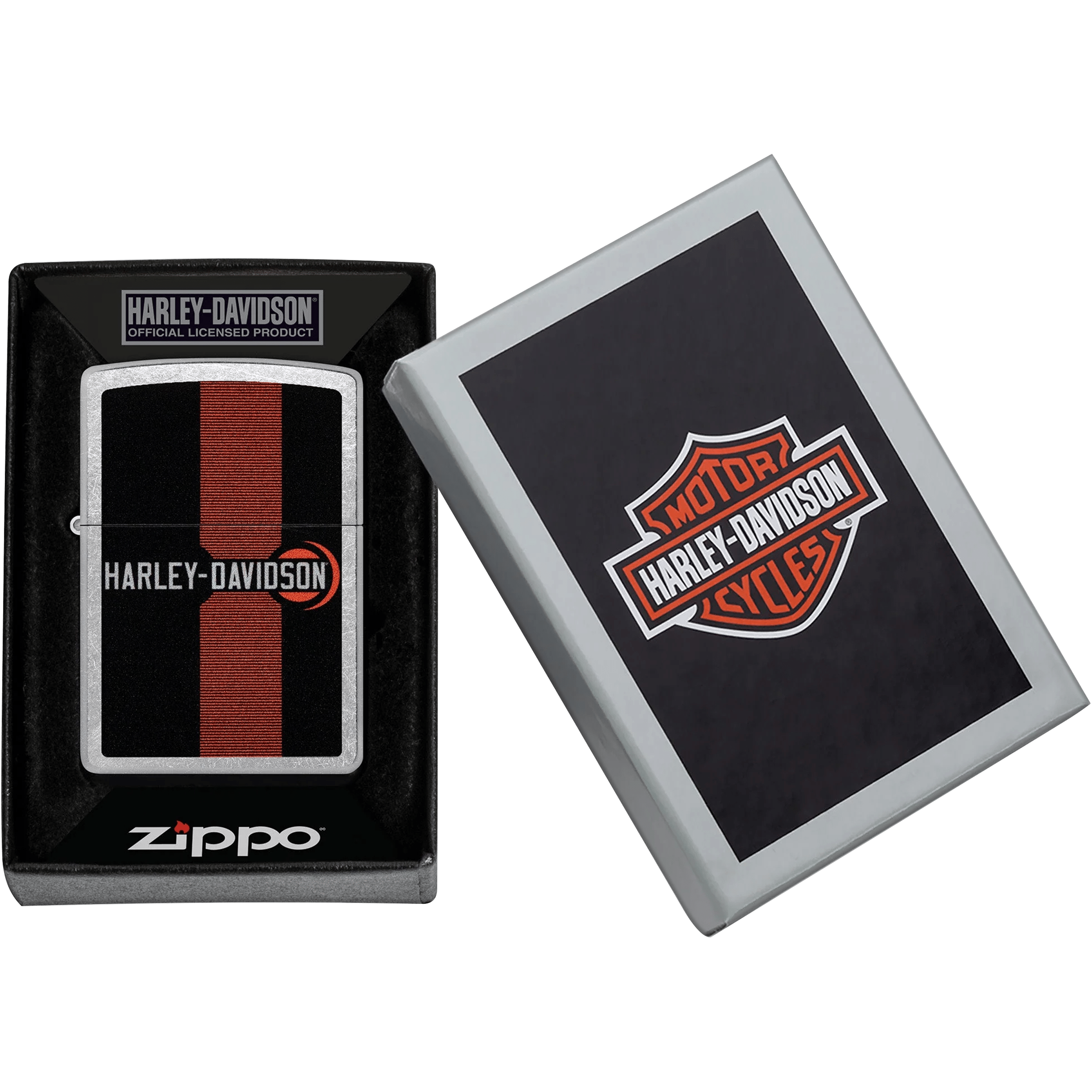 Encendedor Zippo Harley Davidson original en su estuche con diseño logo y acabado metálico modelo MZ48604