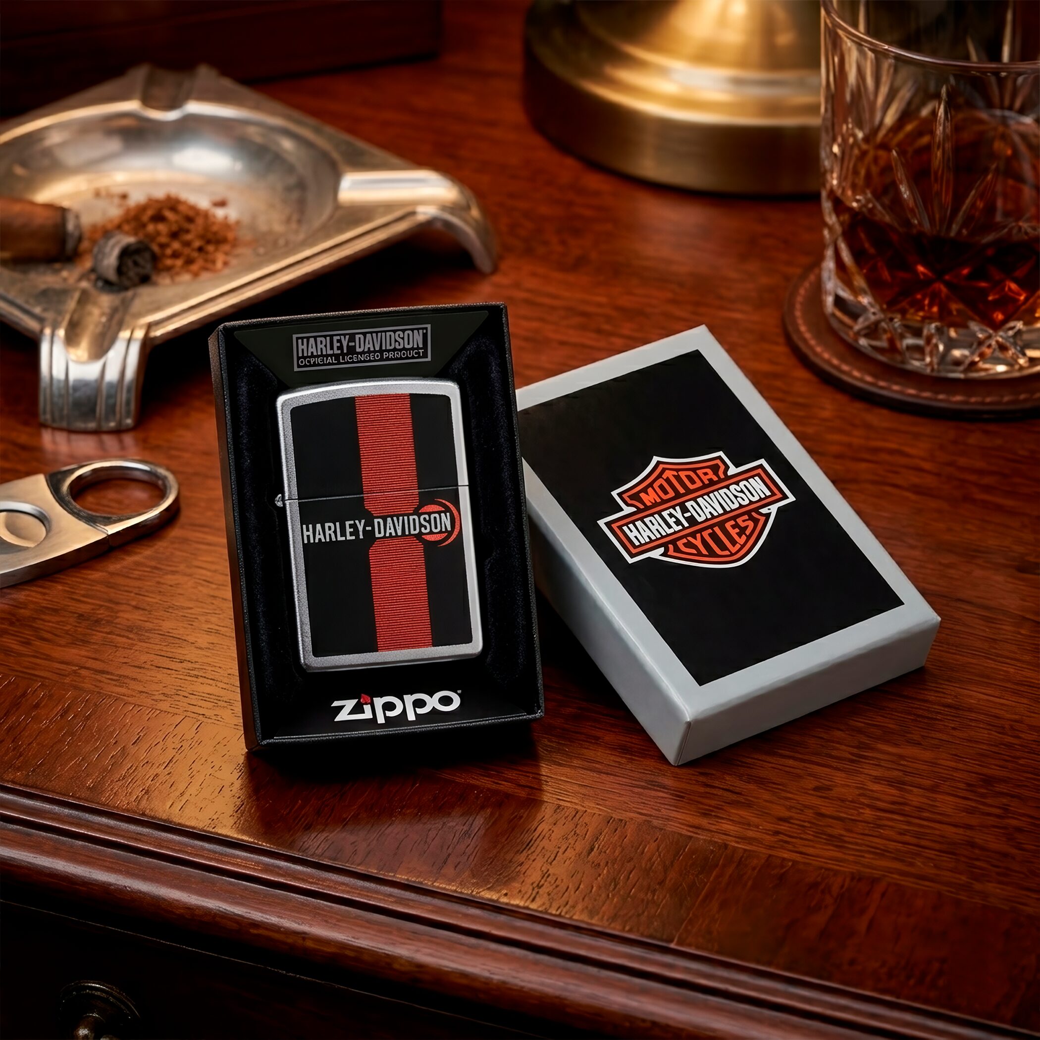 Encendedor Zippo Harley Davidson original en su estuche y en la mesa de madera en su estuche con diseño logo y acabado metálico modelo MZ48604