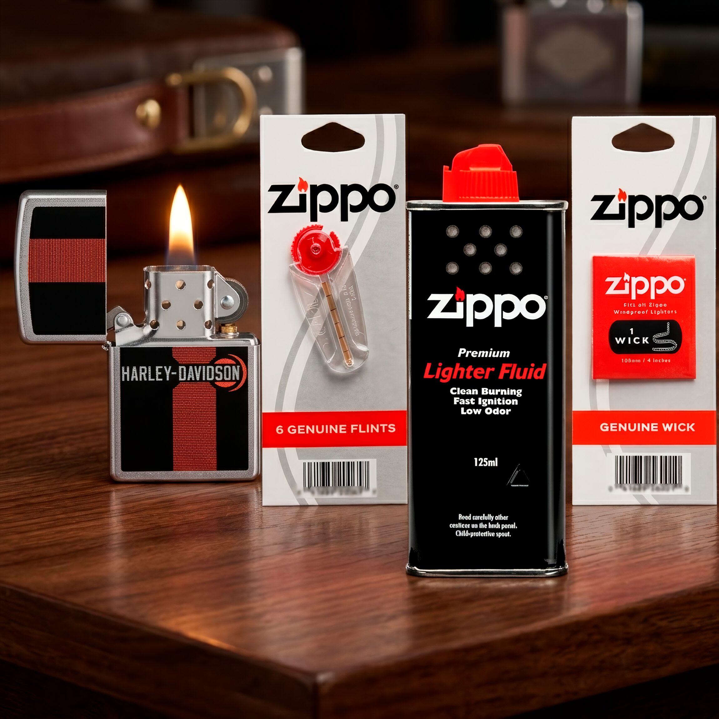 Encendedor Zippo Harley Davidson original con sus accesorios y combustible con diseño logo y acabado metálico modelo MZ48604