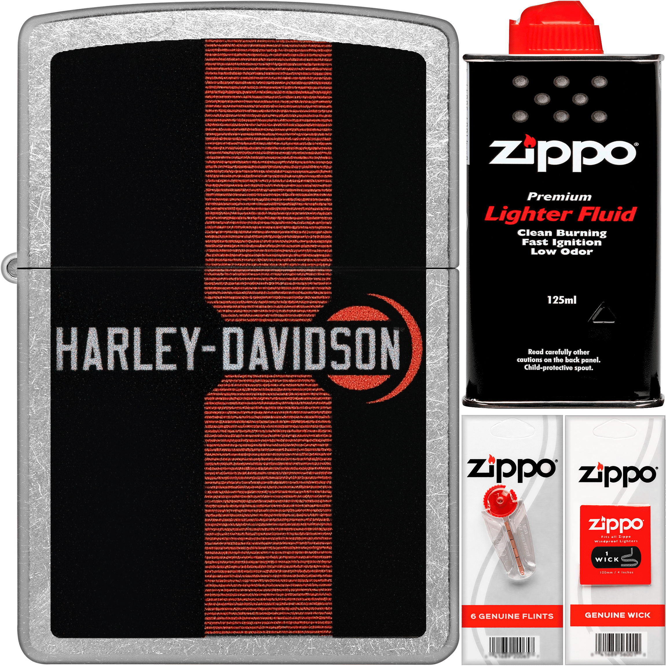 Encendedor Zippo Harley Davidson original portada y accesorios y combustible con diseño logo y acabado metálico modelo MZ48604
