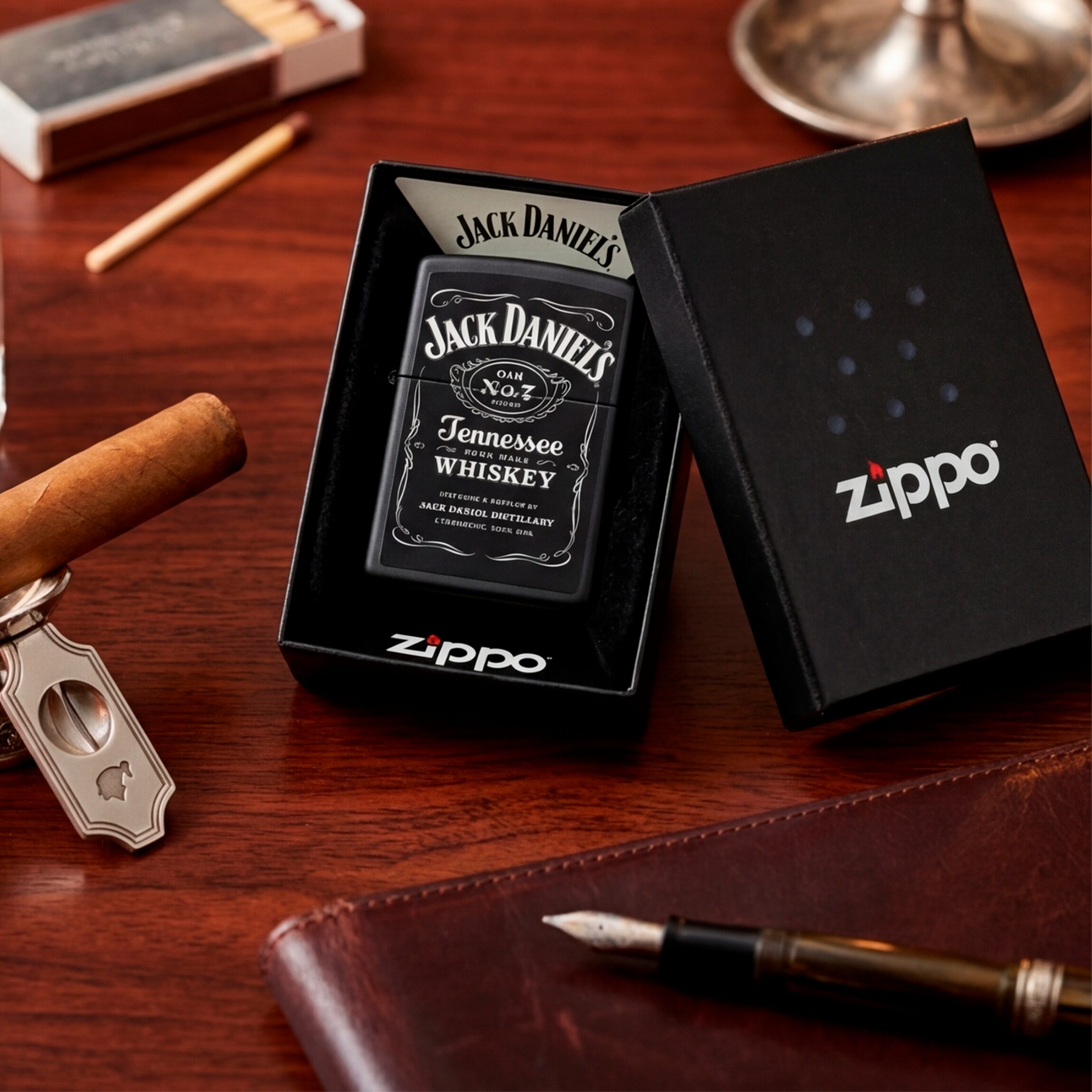 Encendedor Zippo Jack Daniels en una mesa original con diseño en relieve y acabado metálico modelo MZ49281