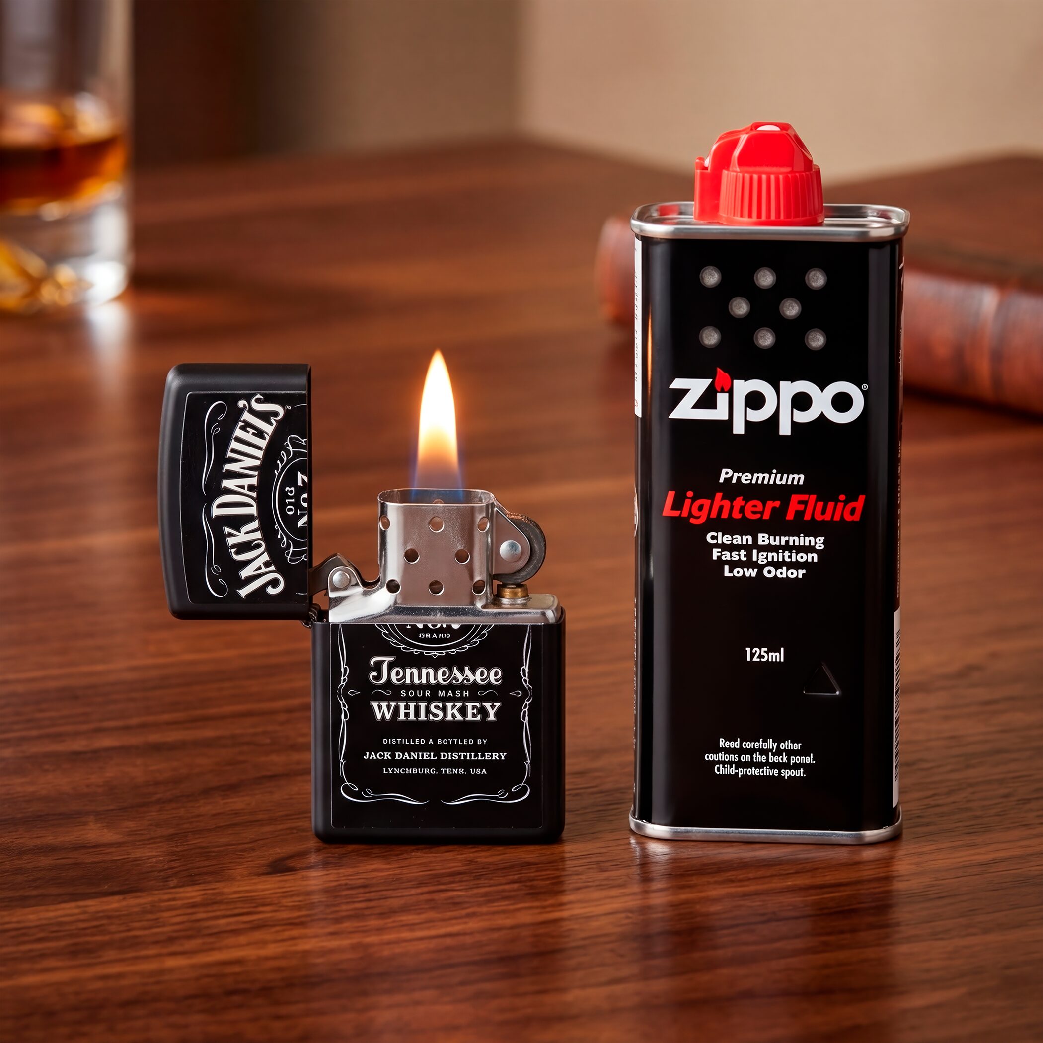 Encendedor Zippo Jack Daniels original con combustible en la mesa con diseño en relieve y acabado metálico modelo MZ49281