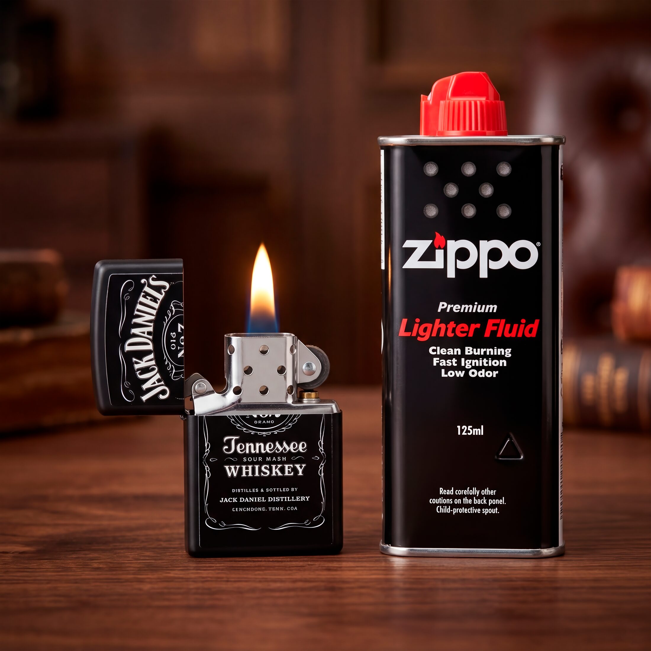 Encendedor Zippo Jack Daniels original con combustible en la mesa de madera con diseño en relieve y acabado metálico modelo MZ49281