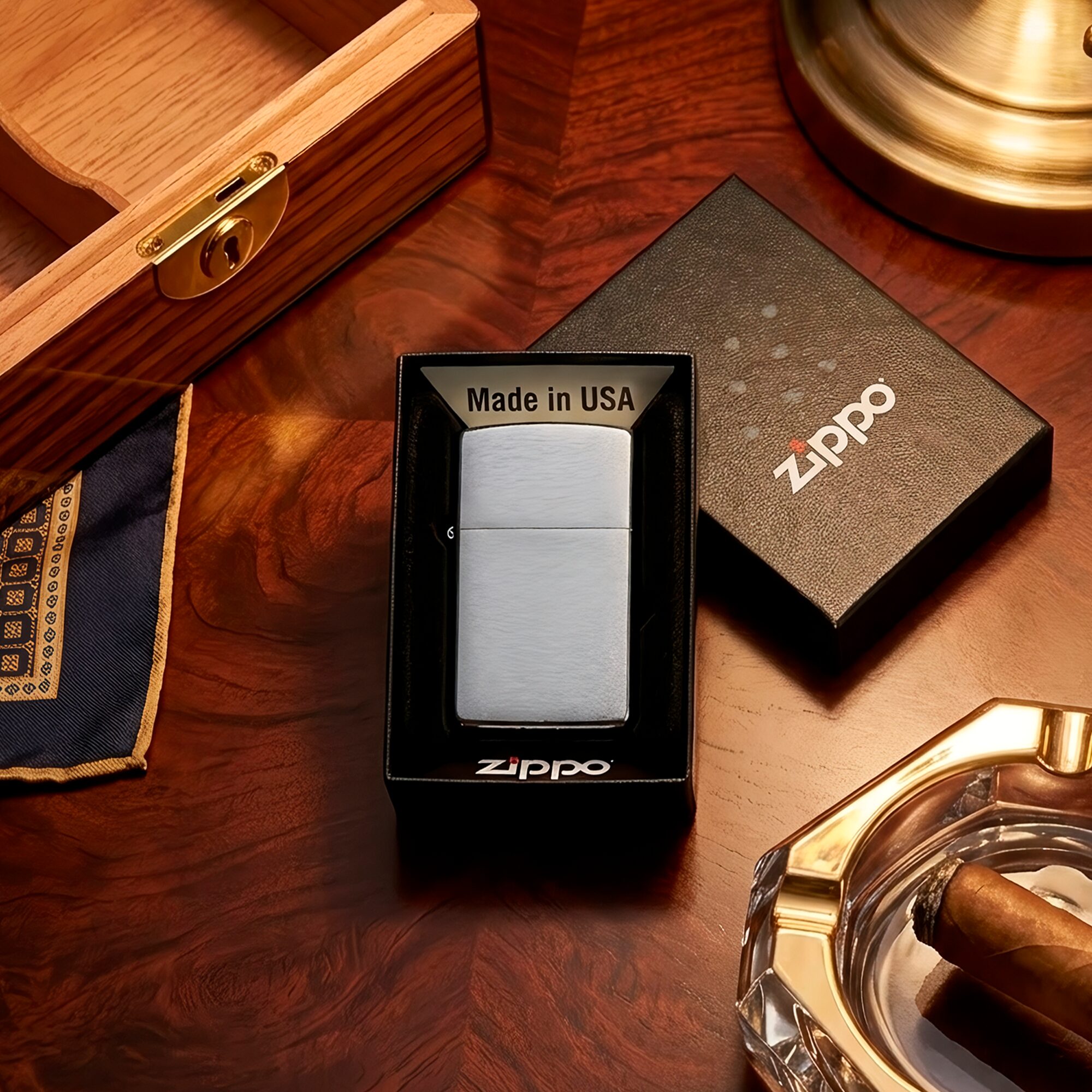 Encendedor Zippo Slim Cromado Brushed original modelo MZ1600 acabado brushed chrome fabricado en USA con diseño delgado a prueba de viento marca Zippo