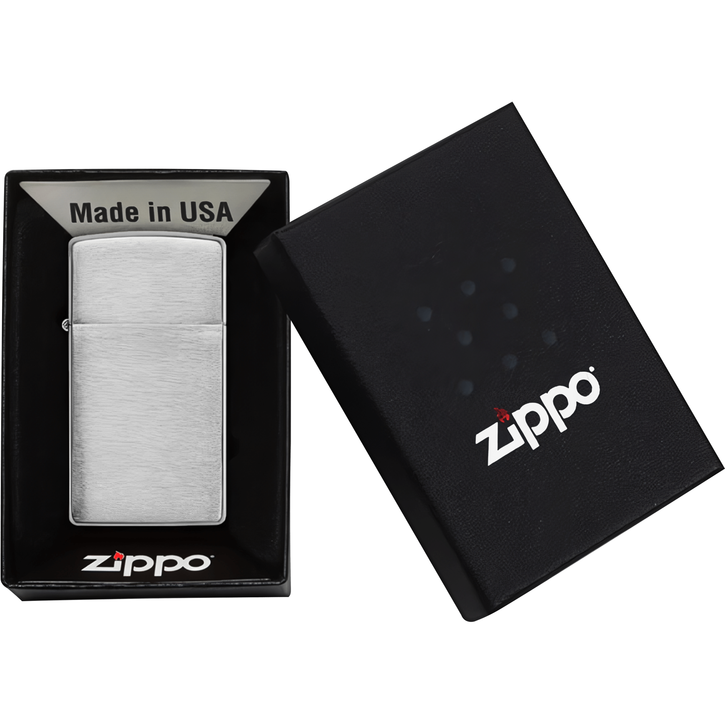Encendedor Zippo Slim Cromado Brushed original modelo MZ1600 acabado brushed chrome fabricado en USA con diseño delgado a prueba de viento marca Zippo