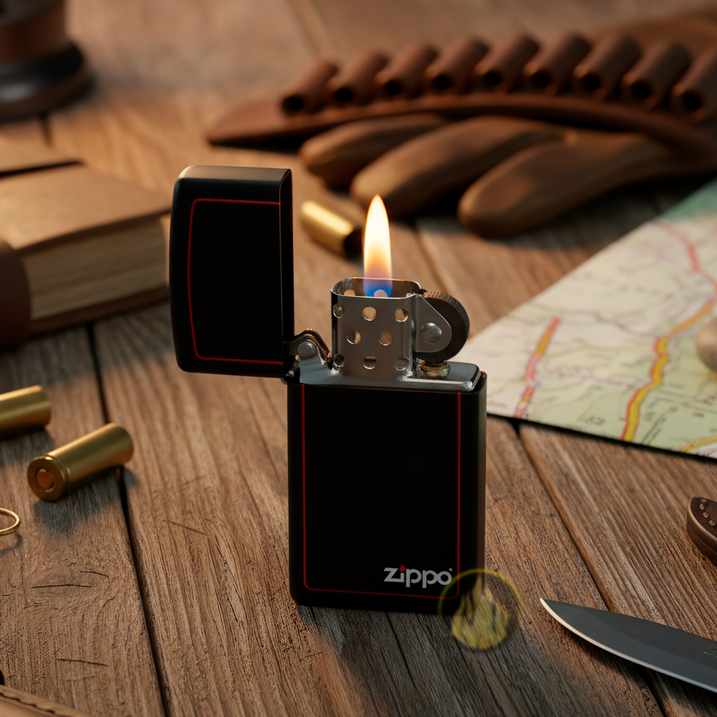 Encendedor Zippo Slim Negro Mate original con borde rojo modelo MZ1618-ZB acabado black matte resistente al viento fabricado en USA marca Zippo