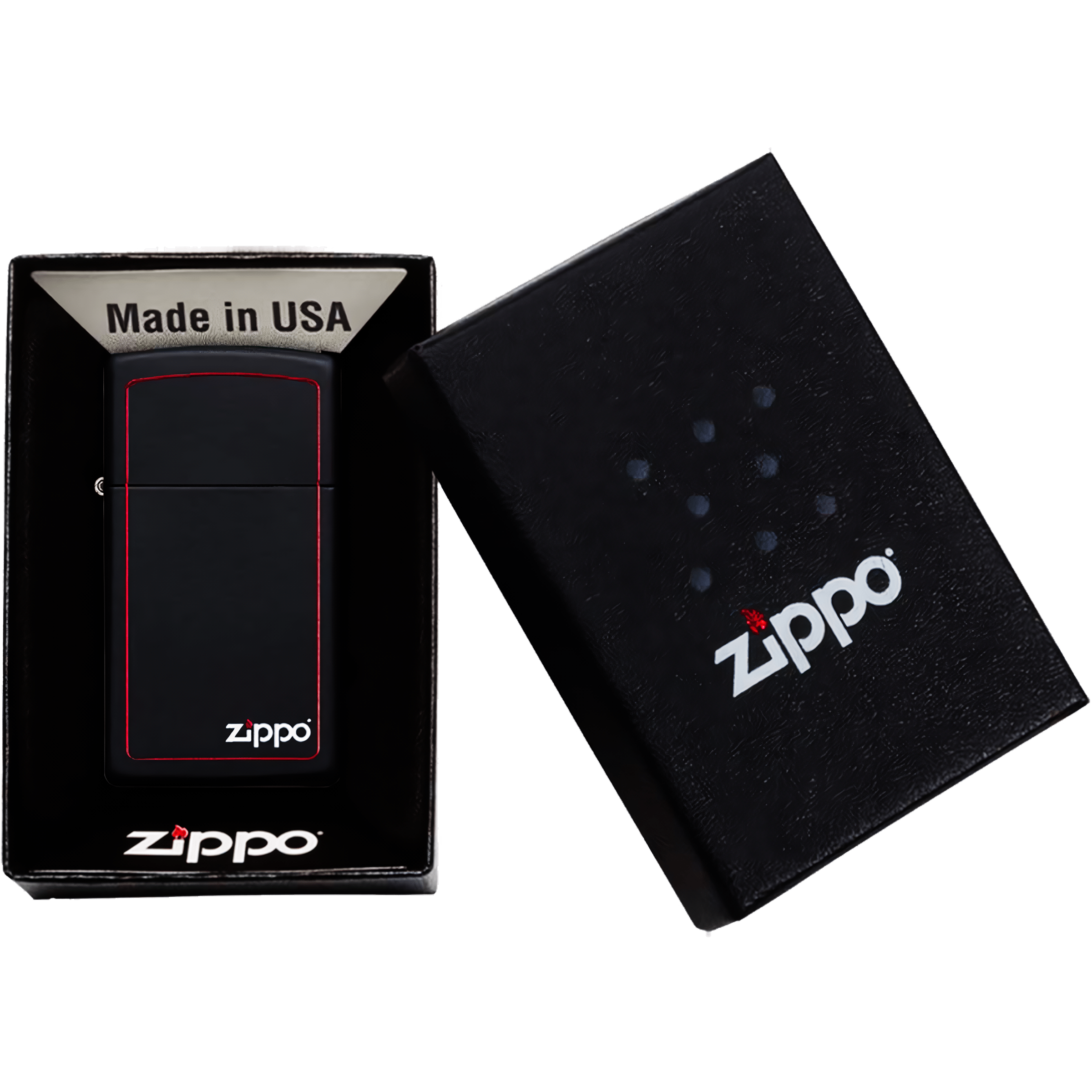 Encendedor Zippo Slim Negro Mate original con borde rojo modelo MZ1618-ZB acabado black matte resistente al viento fabricado en USA marca Zippo