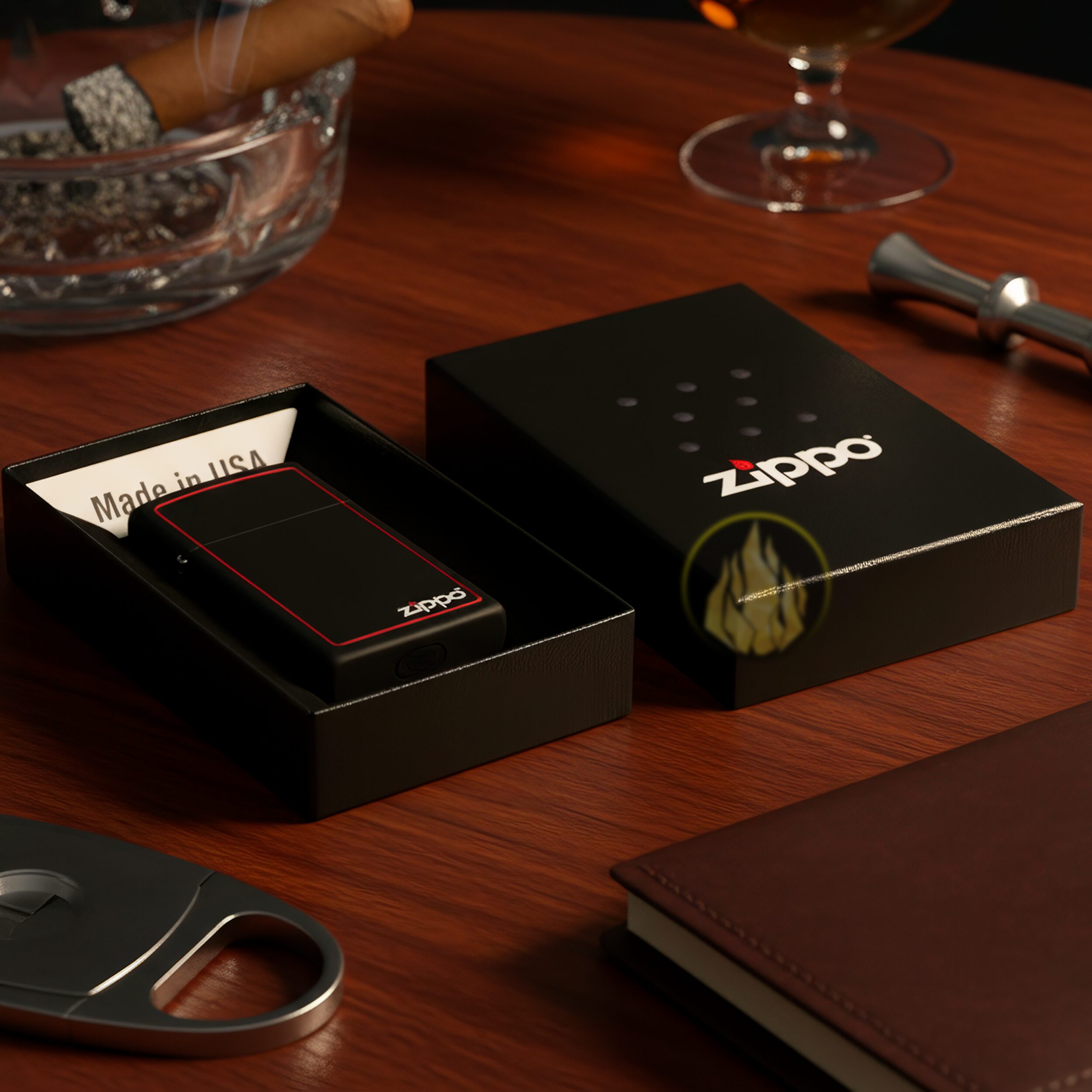 Encendedor Zippo Slim Negro Mate original con borde rojo modelo MZ1618-ZB acabado black matte resistente al viento fabricado en USA marca Zippo