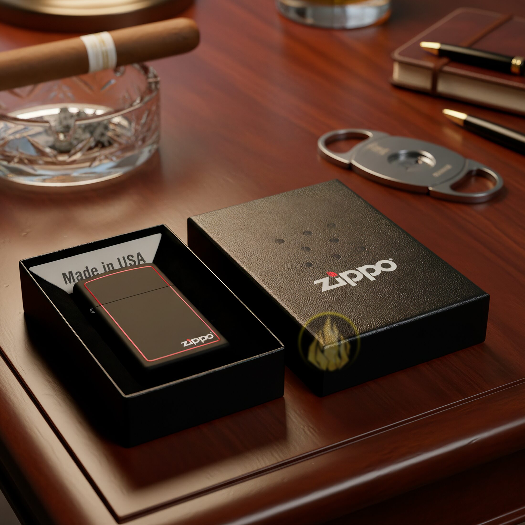 Encendedor Zippo Slim Negro Mate original con borde rojo modelo MZ1618-ZB acabado black matte resistente al viento fabricado en USA marca Zippo