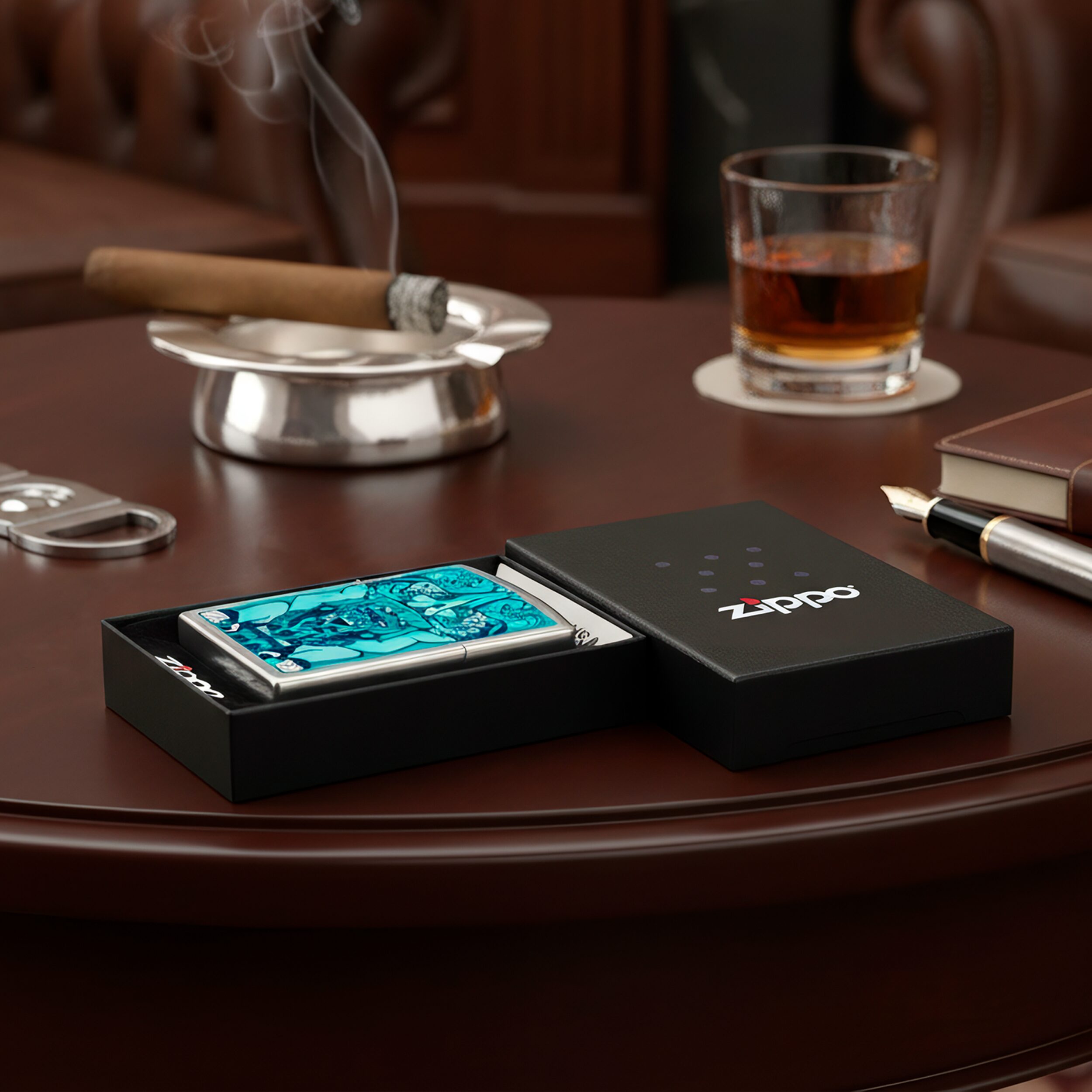 Encendedor Zippo Tiempo Turquesa colección Diseña Tu México con acabado turquesa metálico sistema a prueba de viento modelo MZ207-MEX15