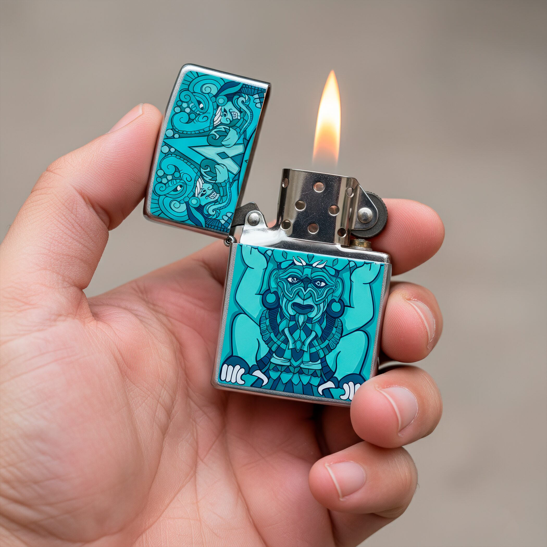 Encendedor Zippo Tiempo Turquesa colección Diseña Tu México con acabado turquesa metálico sistema a prueba de viento modelo MZ207-MEX15