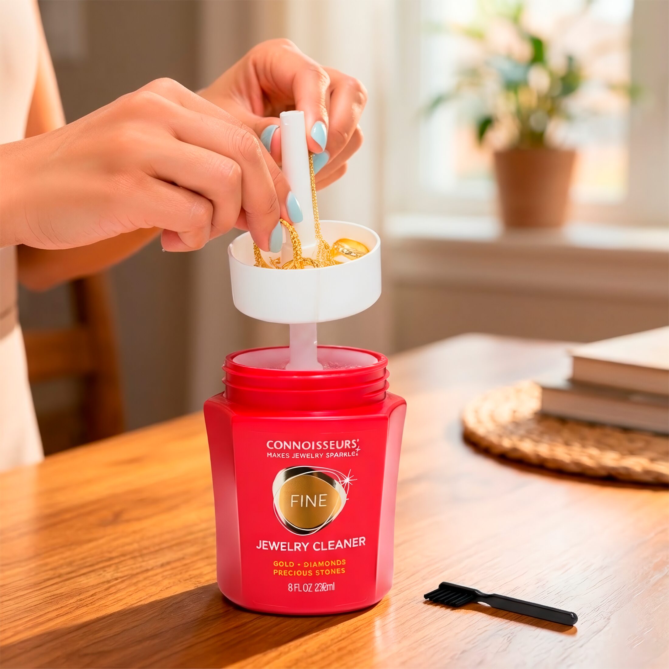 Limpiador De Oro Y Diamantes marca Connoisseurs con cepillo y bandeja solución líquida para limpieza de joyería premium Limpiador De Oro Y Diamantes Connoisseurs líquido para cadenas anillos aretes y collares con sistema de inmersión 2652