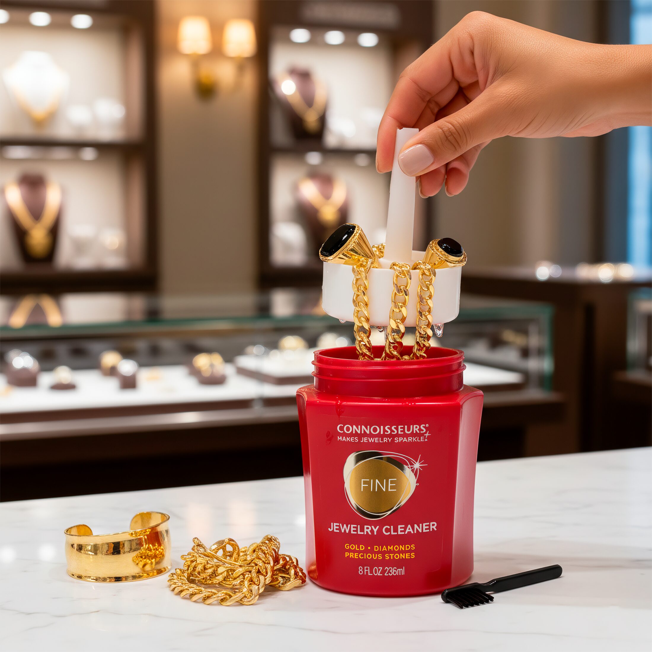 Limpiador De Oro Y Diamantes marca Connoisseurs con cepillo y bandeja solución líquida para limpieza de joyería premium Limpiador De Oro Y Diamantes Connoisseurs líquido para cadenas anillos aretes y collares con sistema de inmersión 2652