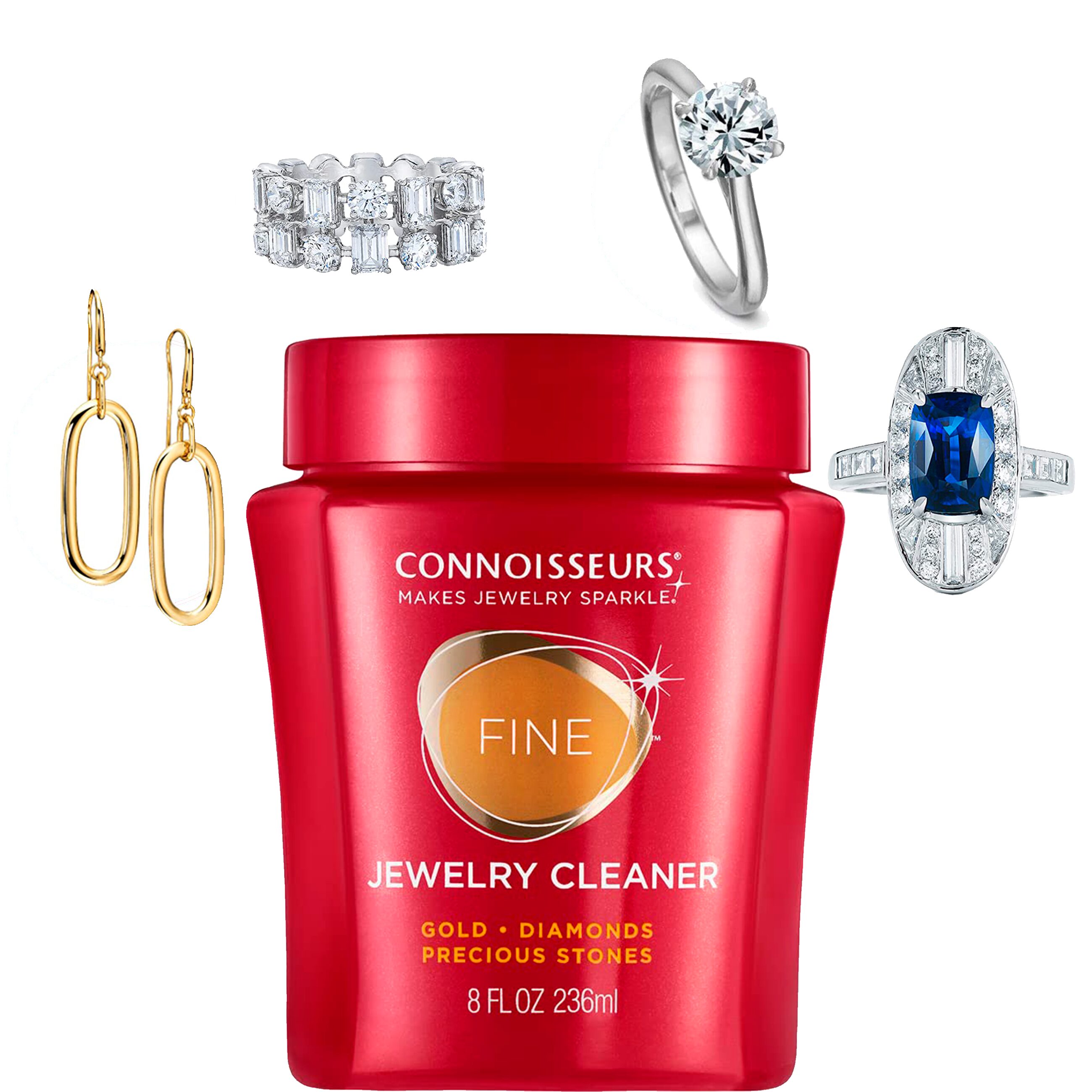 Limpiador De Oro Y Diamantes marca Connoisseurs con cepillo y bandeja solución líquida para limpieza de joyería premium Limpiador De Oro Y Diamantes Connoisseurs líquido para cadenas anillos aretes y collares con sistema de inmersión 2652