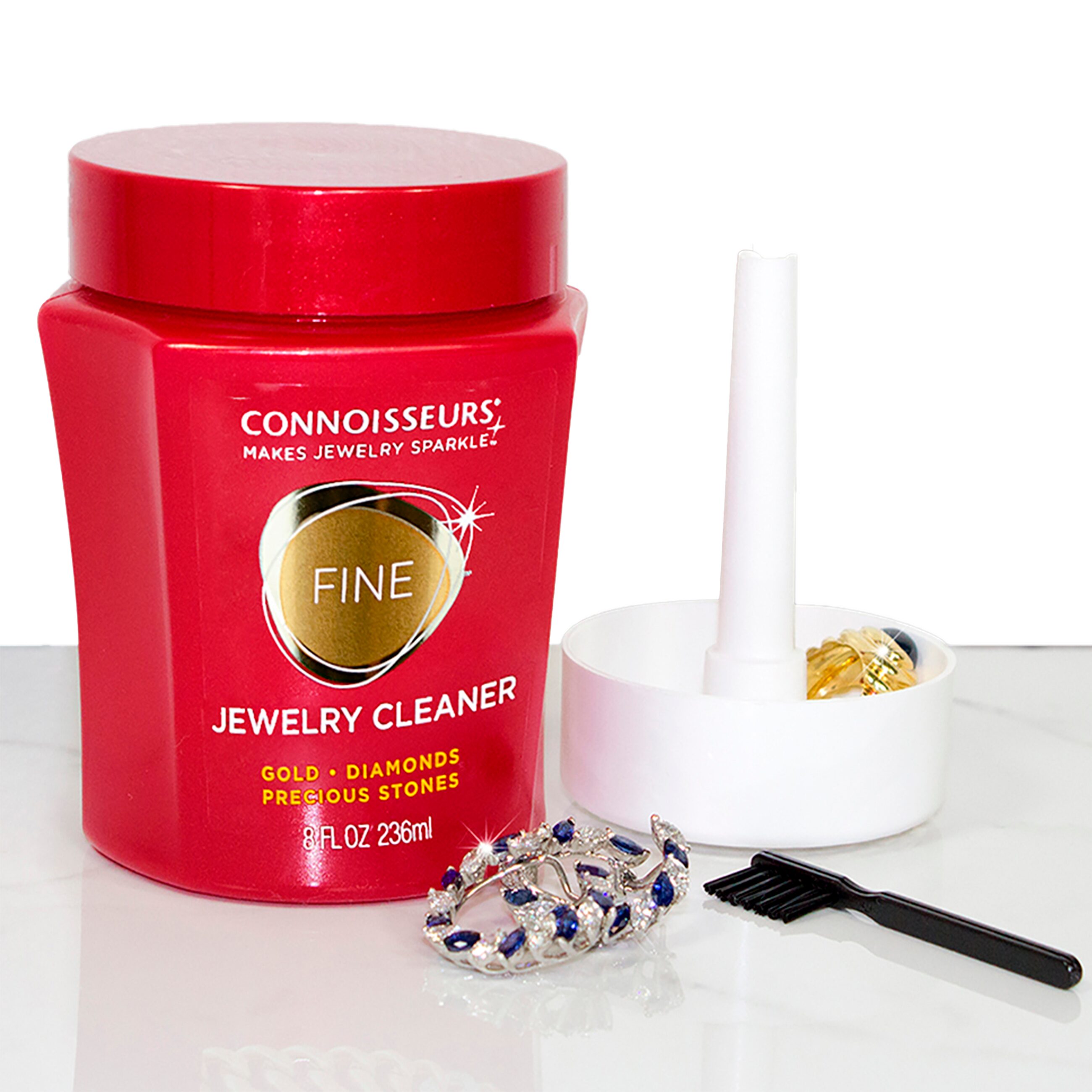 Limpiador De Oro Y Diamantes marca Connoisseurs con cepillo y bandeja solución líquida para limpieza de joyería premium Limpiador De Oro Y Diamantes Connoisseurs líquido para cadenas anillos aretes y collares con sistema de inmersión 2652