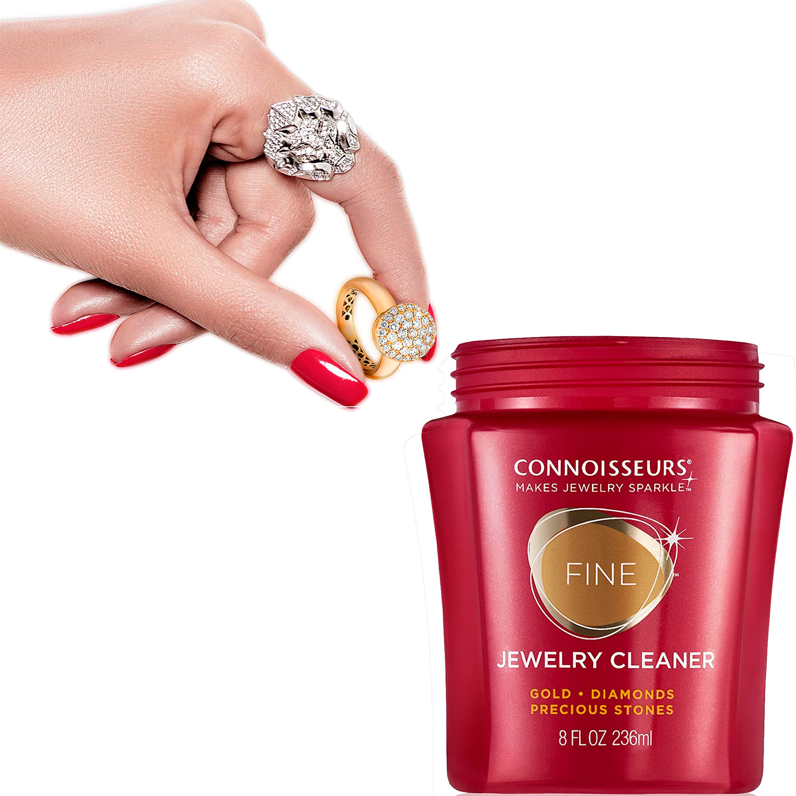 Limpiador De Oro Y Diamantes marca Connoisseurs con cepillo y bandeja solución líquida para limpieza de joyería premium Limpiador De Oro Y Diamantes Connoisseurs líquido para cadenas anillos aretes y collares con sistema de inmersión 2652