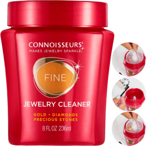 Limpiador De Oro Y Diamantes marca Connoisseurs con cepillo y bandeja solución líquida para limpieza de joyería premium Limpiador De Oro Y Diamantes Connoisseurs líquido para cadenas anillos aretes y collares con sistema de inmersión 2652