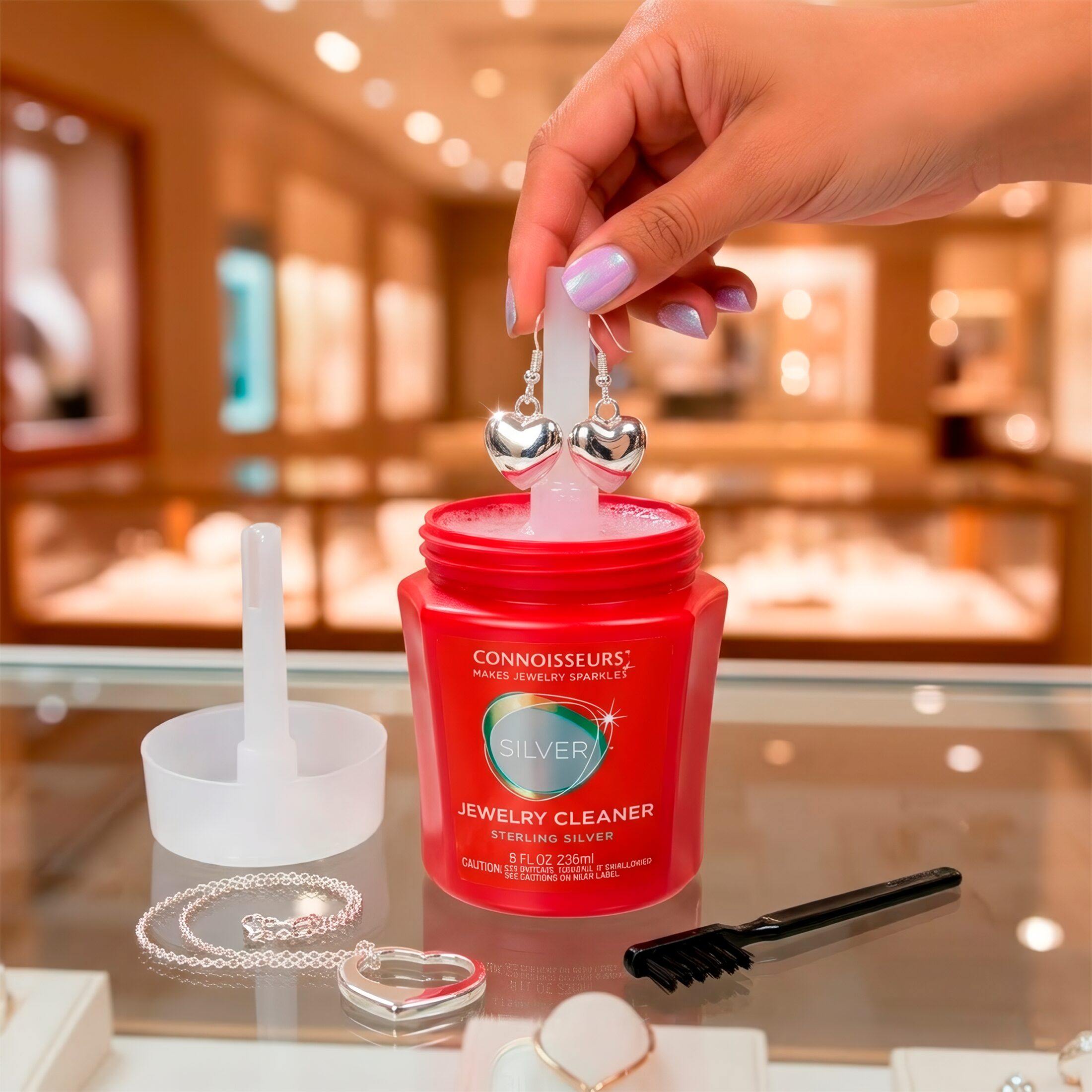 Limpiador De Plata Líquido Premium marca Connoisseurs con bandeja de inmersión y cepillo solución para limpiar joyería de plata Limpiador De Plata Líquido Premium Connoisseurs 236 ml con cepillo incluido para limpieza profunda de cadenas pulseras y anillos 2651