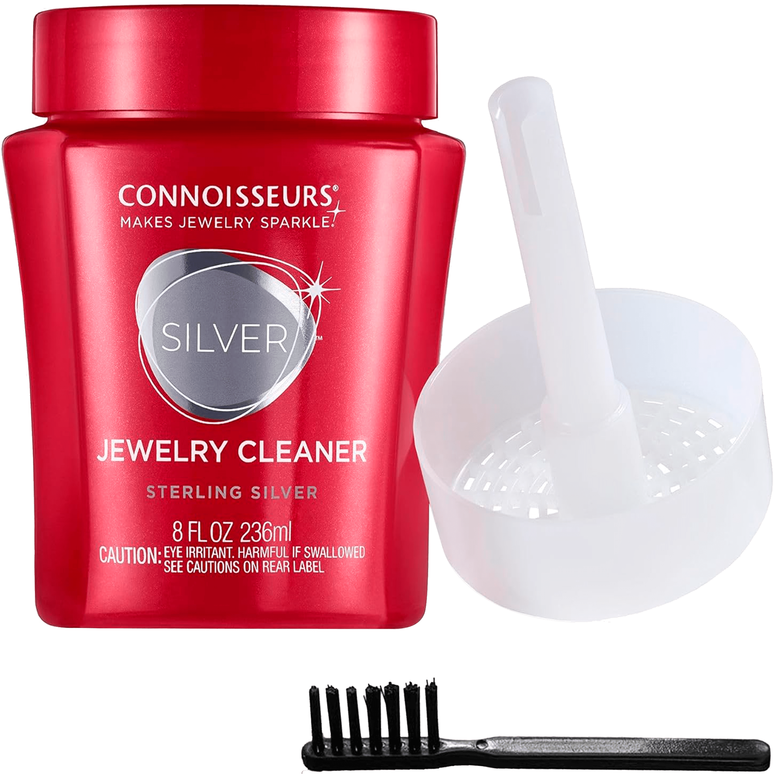 Limpiador De Plata Líquido Premium marca Connoisseurs con bandeja de inmersión y cepillo solución para limpiar joyería de plata Limpiador De Plata Líquido Premium Connoisseurs 236 ml con cepillo incluido para limpieza profunda de cadenas pulseras y anillos 2651