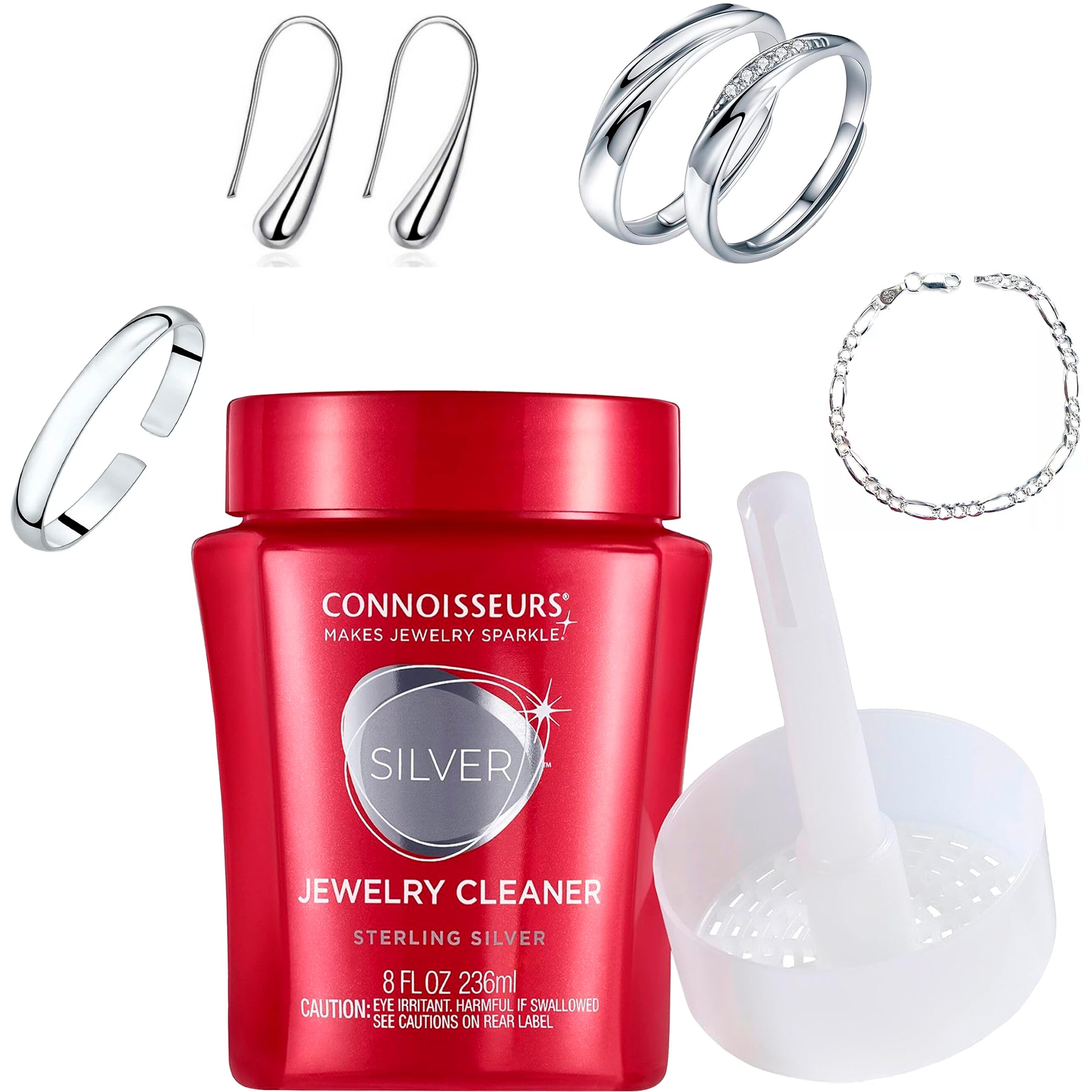 Limpiador De Plata Líquido Premium marca Connoisseurs con bandeja de inmersión y cepillo solución para limpiar joyería de plata Limpiador De Plata Líquido Premium Connoisseurs 236 ml con cepillo incluido para limpieza profunda de cadenas pulseras y anillos 2651