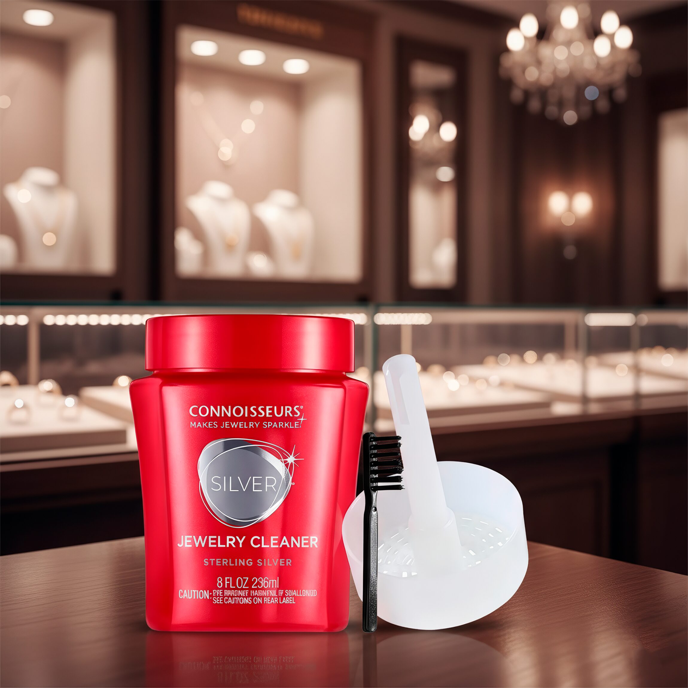 Limpiador De Plata Líquido Premium marca Connoisseurs con bandeja de inmersión y cepillo solución para limpiar joyería de plata Limpiador De Plata Líquido Premium Connoisseurs 236 ml con cepillo incluido para limpieza profunda de cadenas pulseras y anillos 2651