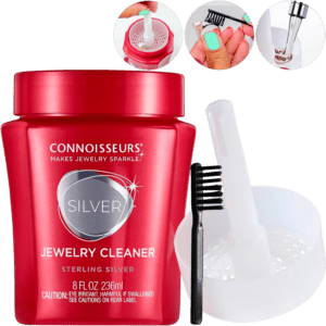 Limpiador De Plata Líquido Premium marca Connoisseurs con bandeja de inmersión y cepillo solución para limpiar joyería de plata Limpiador De Plata Líquido Premium Connoisseurs 236 ml con cepillo incluido para limpieza profunda de cadenas pulseras y anillos 2651