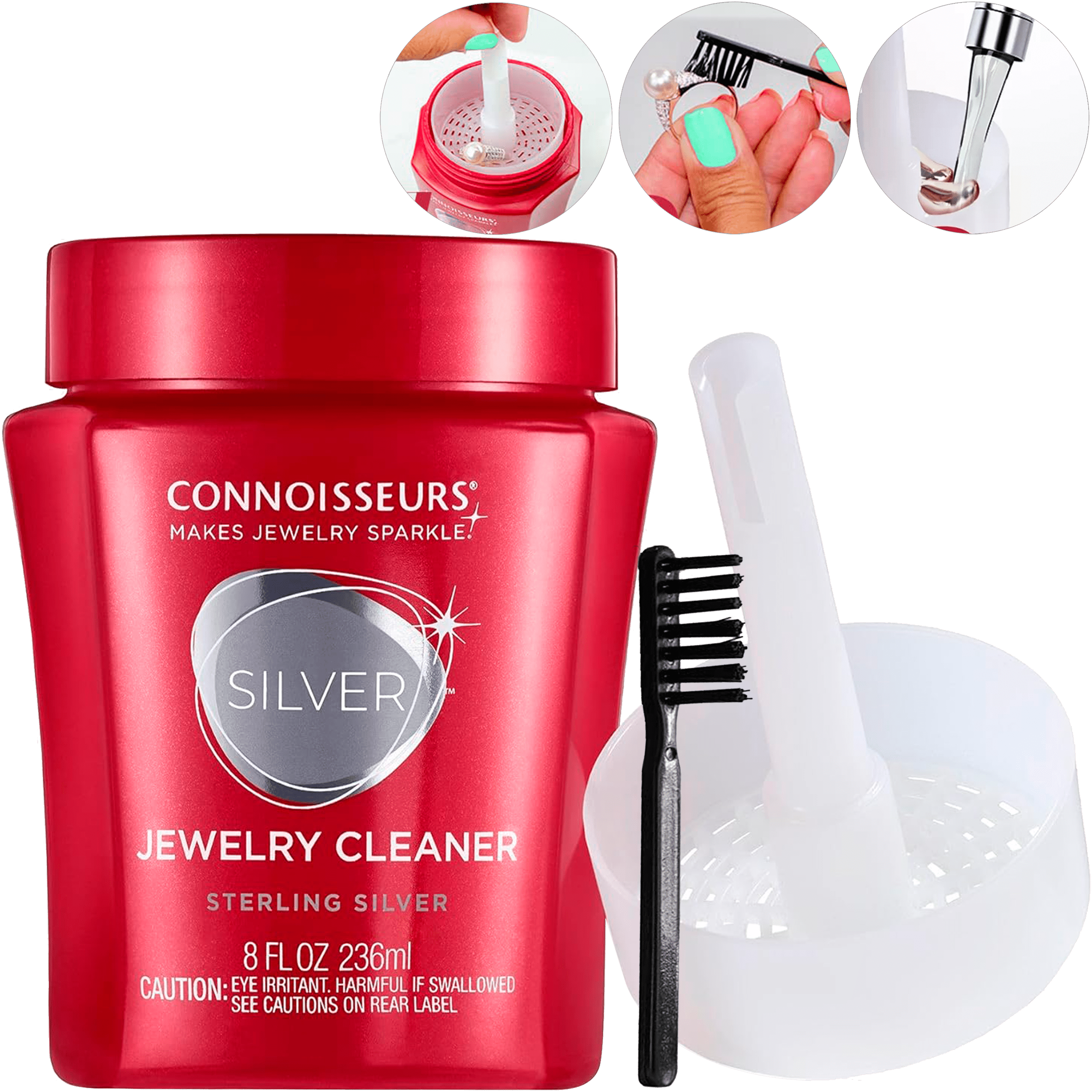 Limpiador De Plata Líquido Premium marca Connoisseurs con bandeja de inmersión y cepillo solución para limpiar joyería de plata Limpiador De Plata Líquido Premium Connoisseurs 236 ml con cepillo incluido para limpieza profunda de cadenas pulseras y anillos 2651