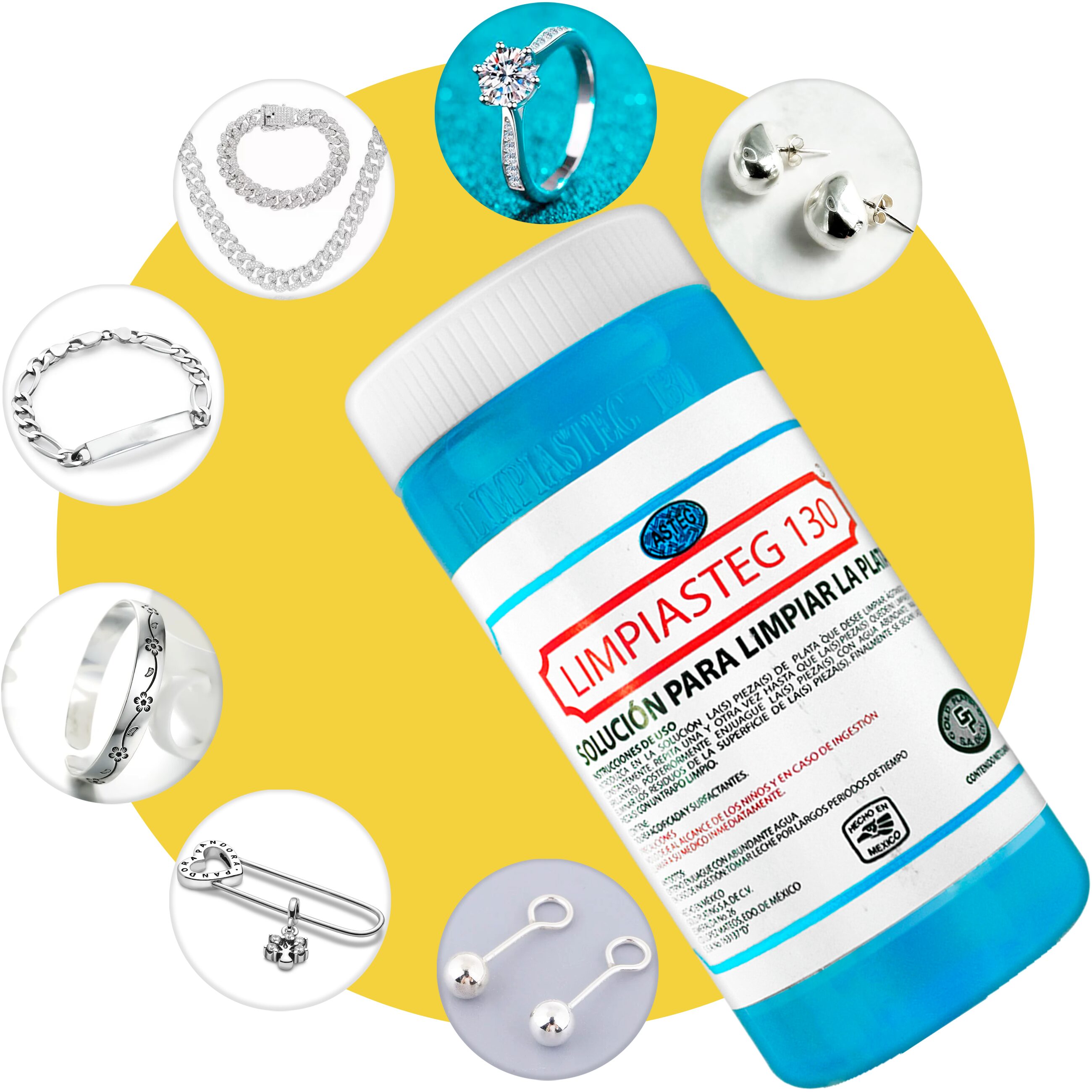 Líquido Limpiador Plata Limpiasteg 130 de 240 ml con paño para limpieza de joyería de plata Líquido Limpiador Plata Limpiasteg 130 solución limpiadora para cadenas, anillos y pulseras 2644