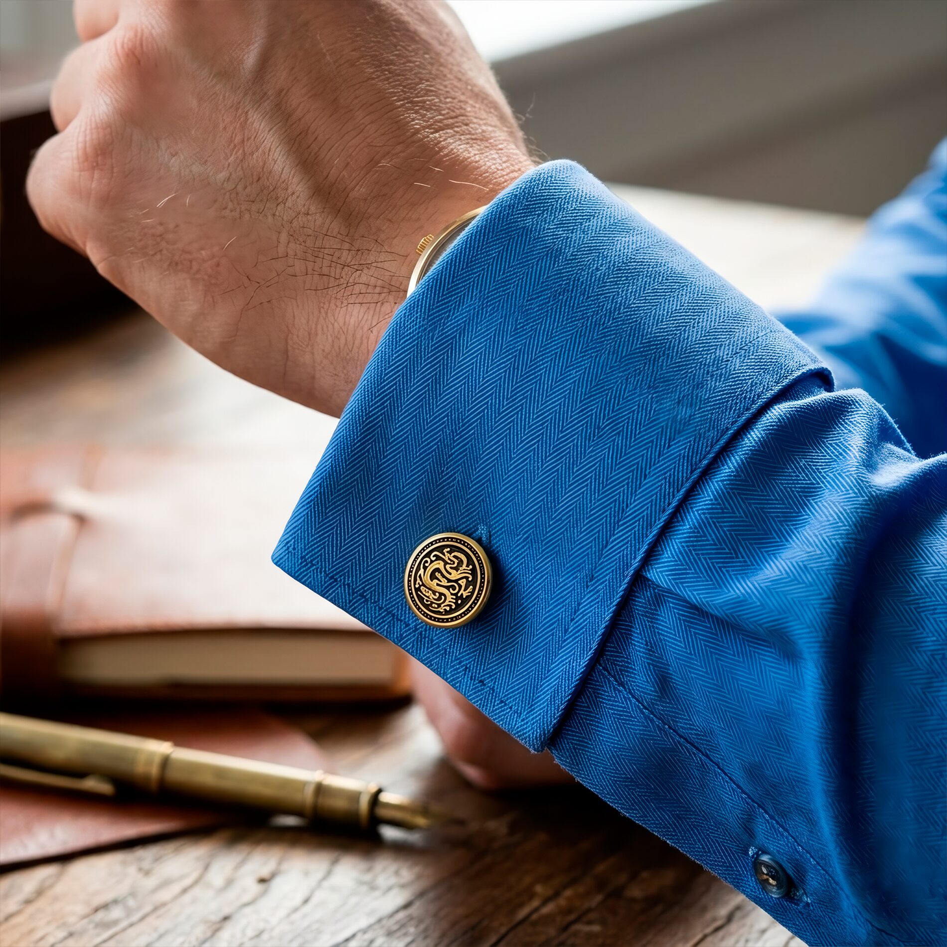 Mancuernillas Gemelos Dragon Dorado Caracter Fuego de lujo en acero inoxidable para eventos formales GMADD