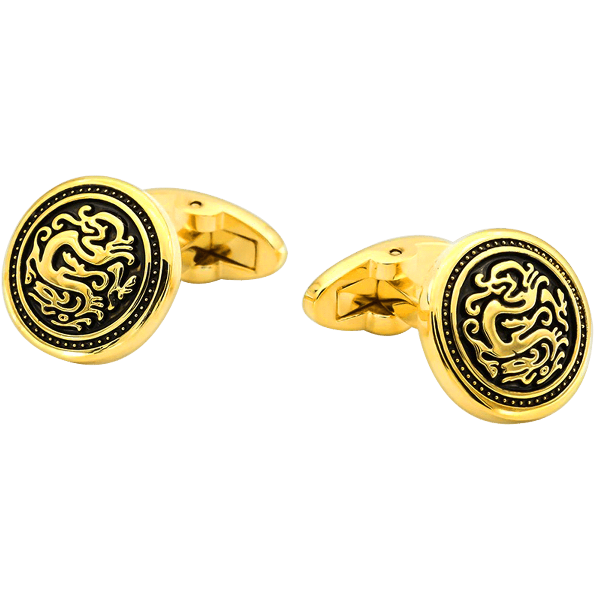 Mancuernillas Gemelos Dragon Dorado Caracter Fuego de lujo en acero inoxidable para eventos formales GMADD