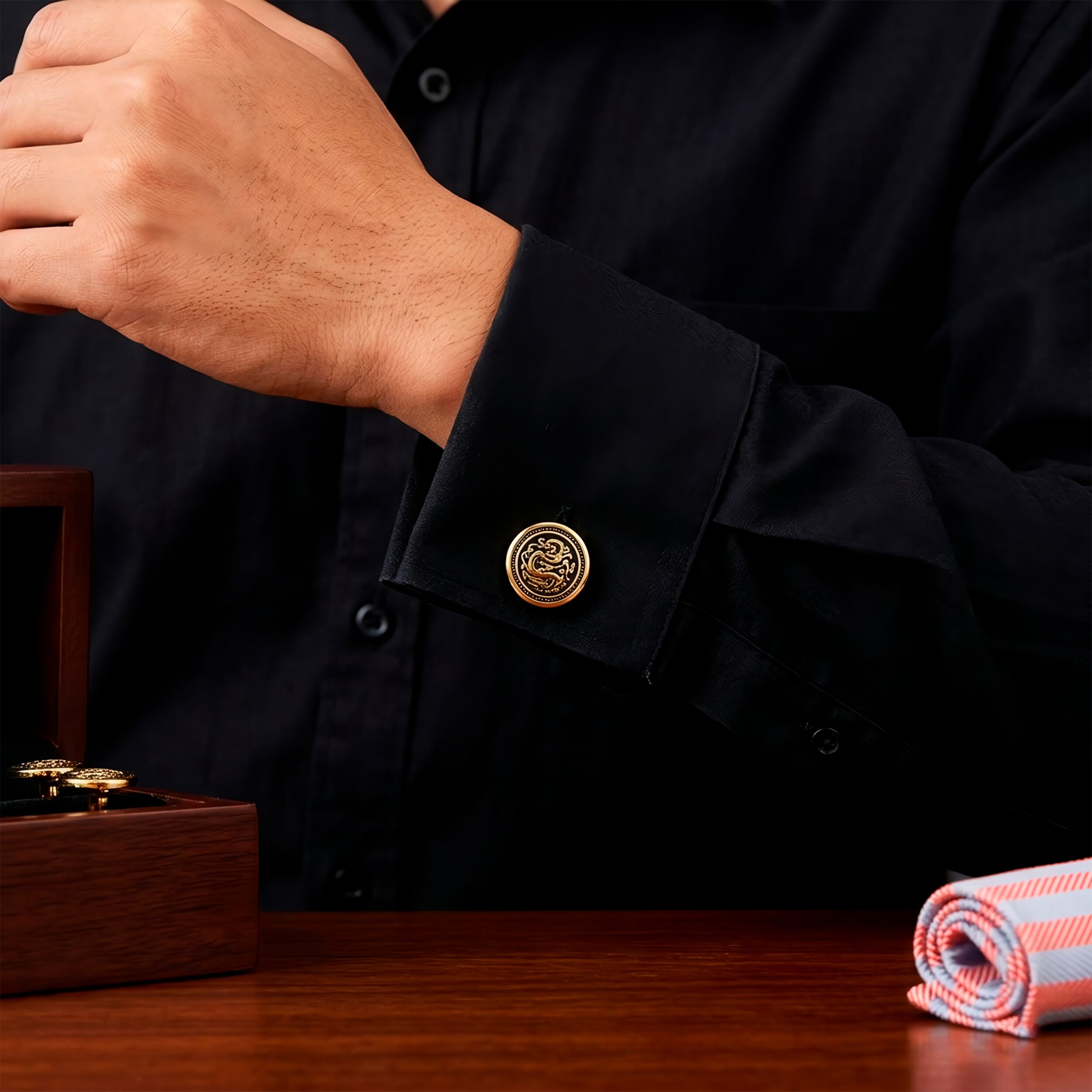 Mancuernillas Gemelos Dragon Dorado Caracter Fuego de lujo en acero inoxidable para eventos formales GMADD