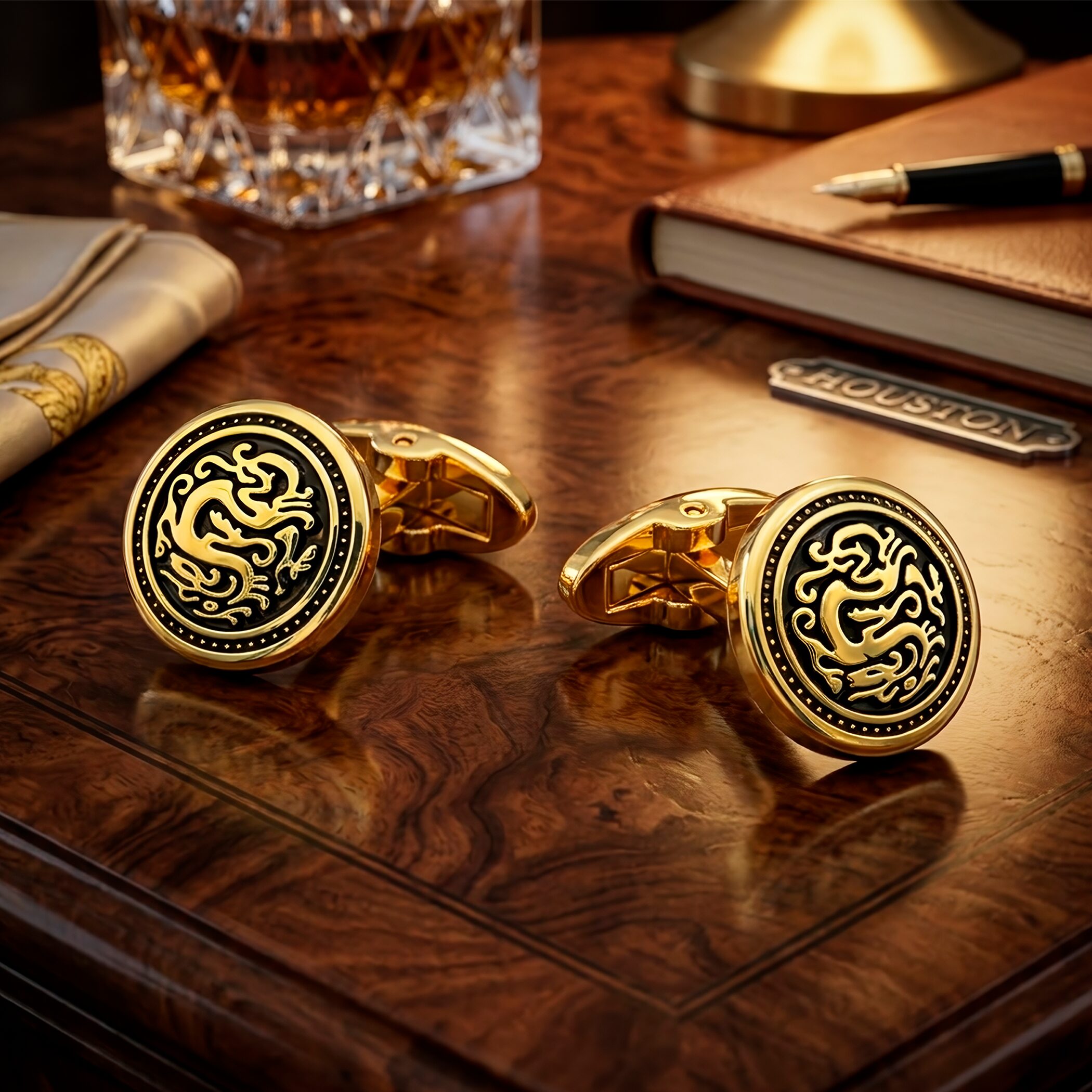 Mancuernillas Gemelos Dragon Dorado Caracter Fuego de lujo en acero inoxidable para eventos formales GMADD