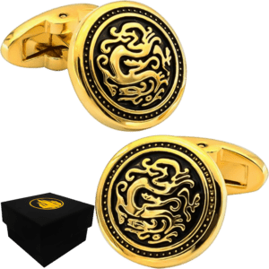 Mancuernillas Gemelos Dragon Dorado Caracter Fuego de lujo en acero inoxidable para eventos formales GMADD