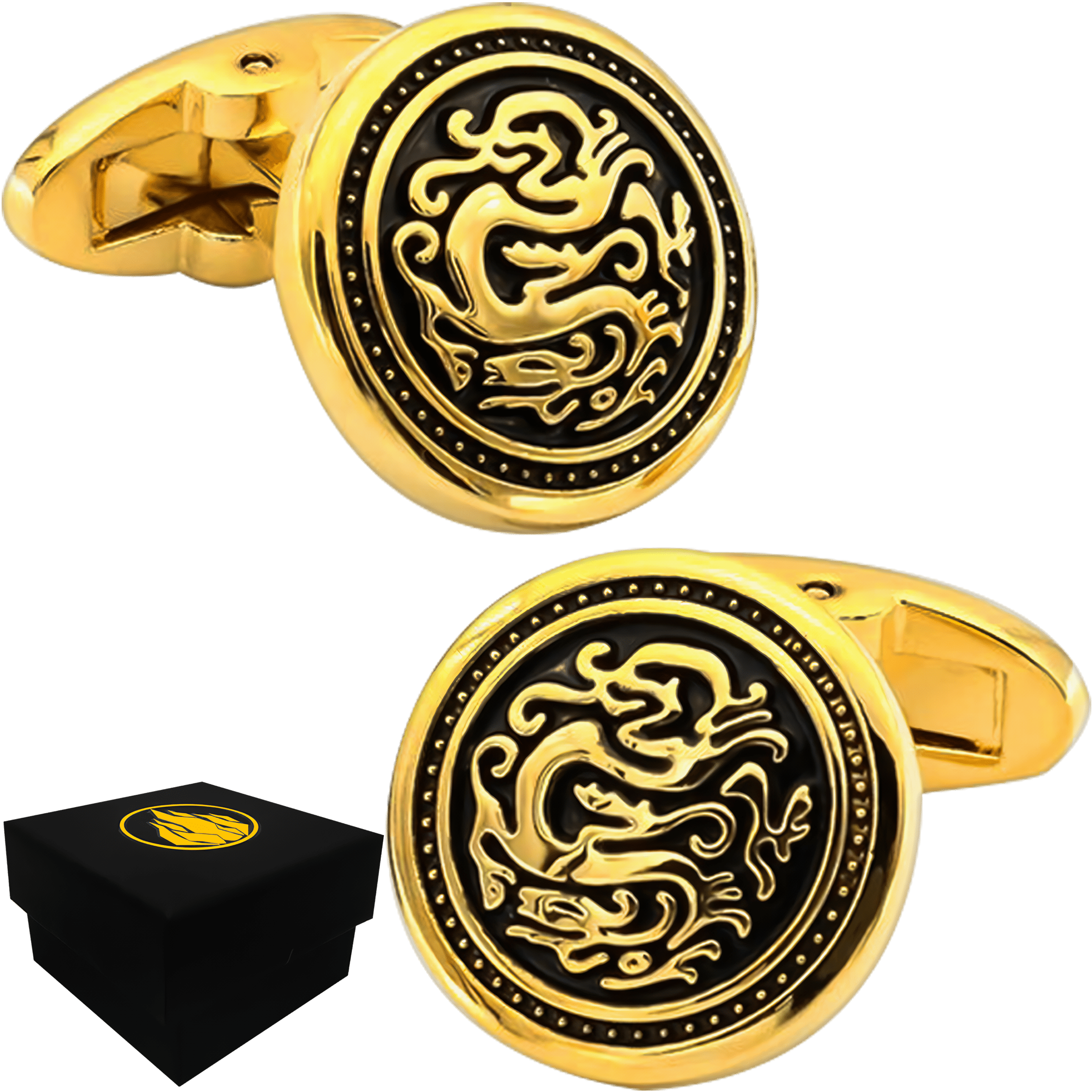 Mancuernillas Gemelos Dragon Dorado Caracter Fuego de lujo en acero inoxidable para eventos formales GMADD