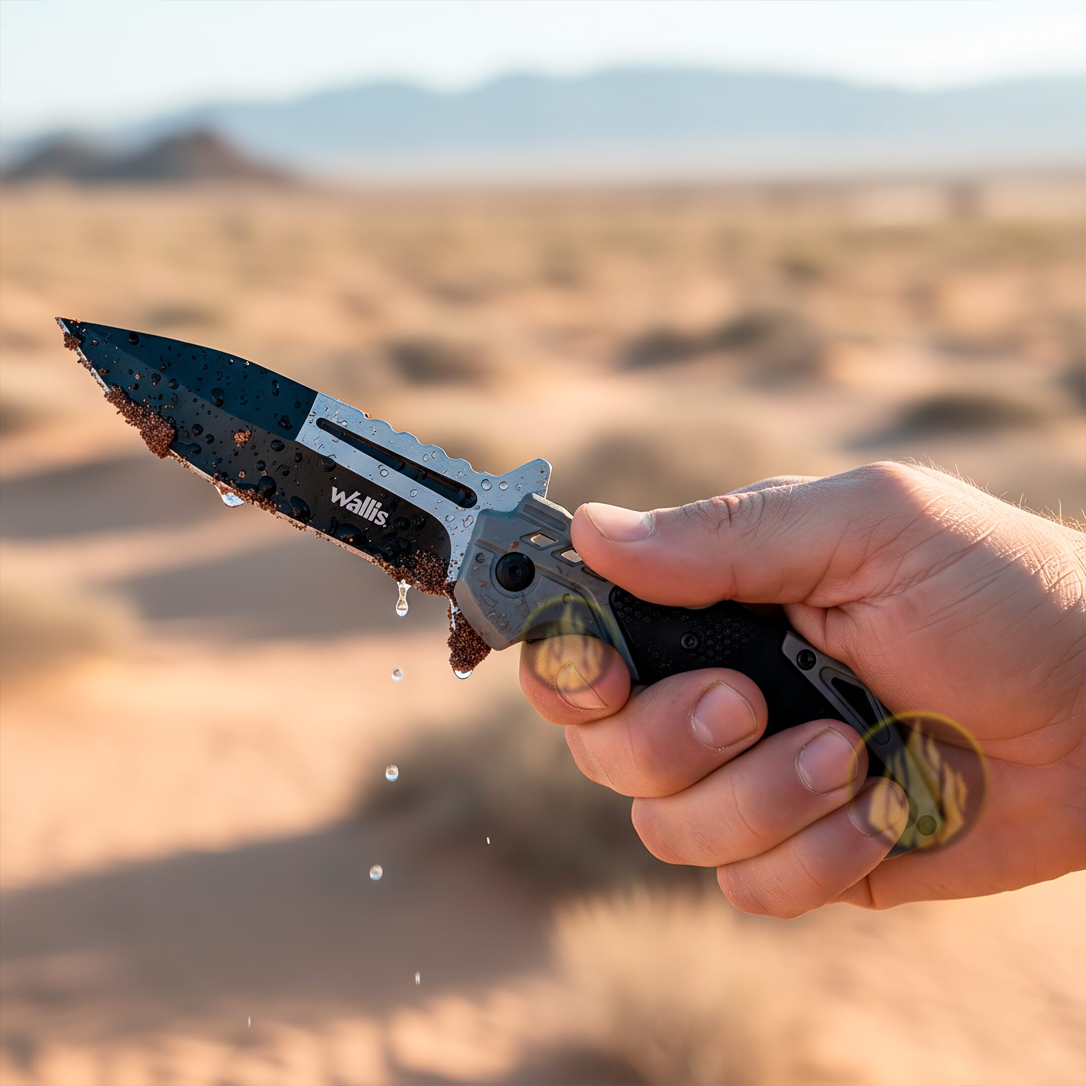 Navaja Automatica Acero Wallis con apertura automática y hoja de acero inoxidable uso rudo con clip Navaja Automatica Acero marca Wallis modelo K900367 con seguro anti cierre y diseño táctico resistente