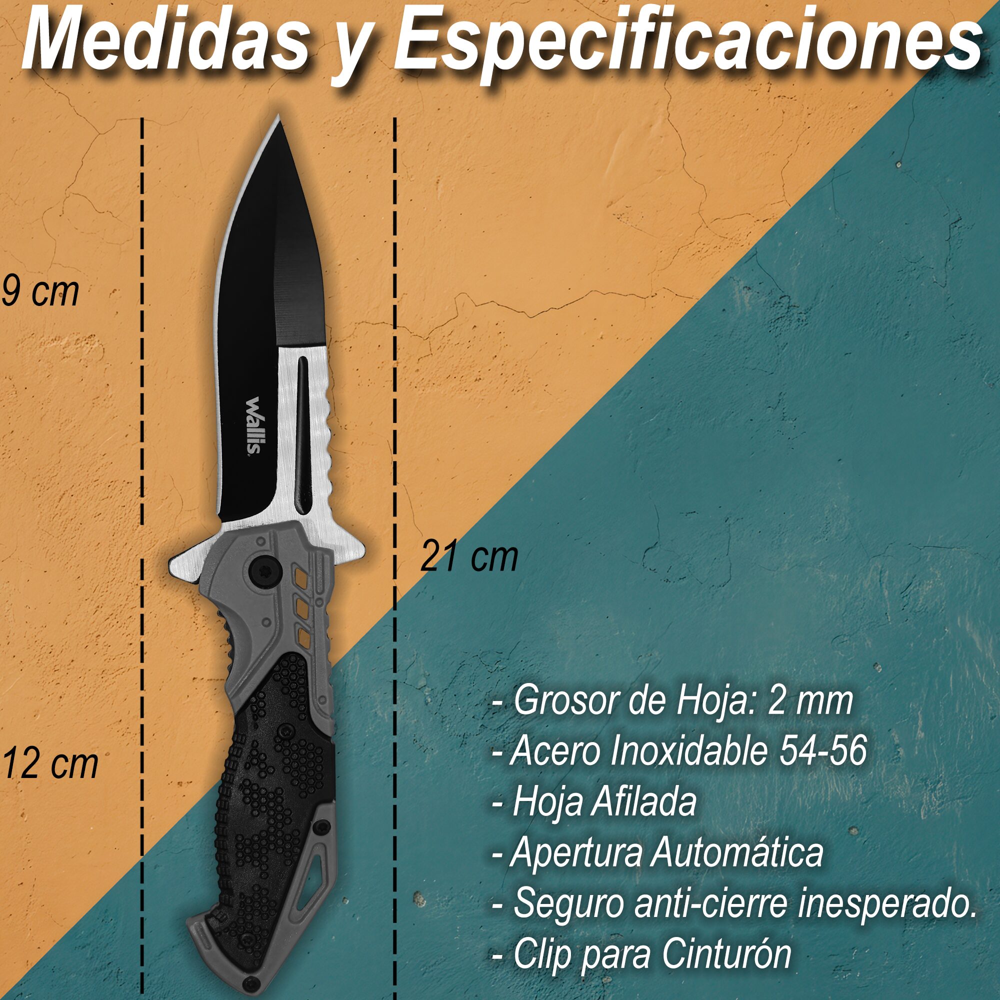 Navaja Automatica Acero Wallis con apertura automática y hoja de acero inoxidable uso rudo con clip Navaja Automatica Acero marca Wallis modelo K900367 con seguro anti cierre y diseño táctico resistente