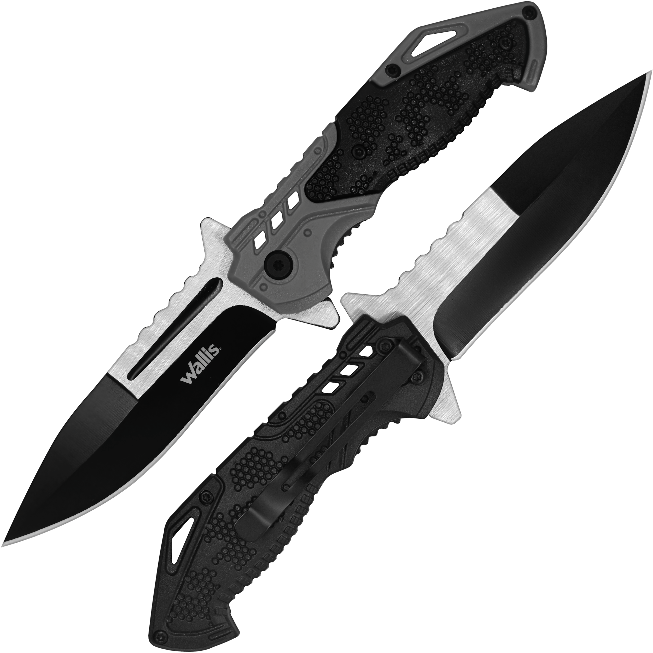 Navaja Automatica Acero Wallis con apertura automática y hoja de acero inoxidable uso rudo con clip Navaja Automatica Acero marca Wallis modelo K900367 con seguro anti cierre y diseño táctico resistente